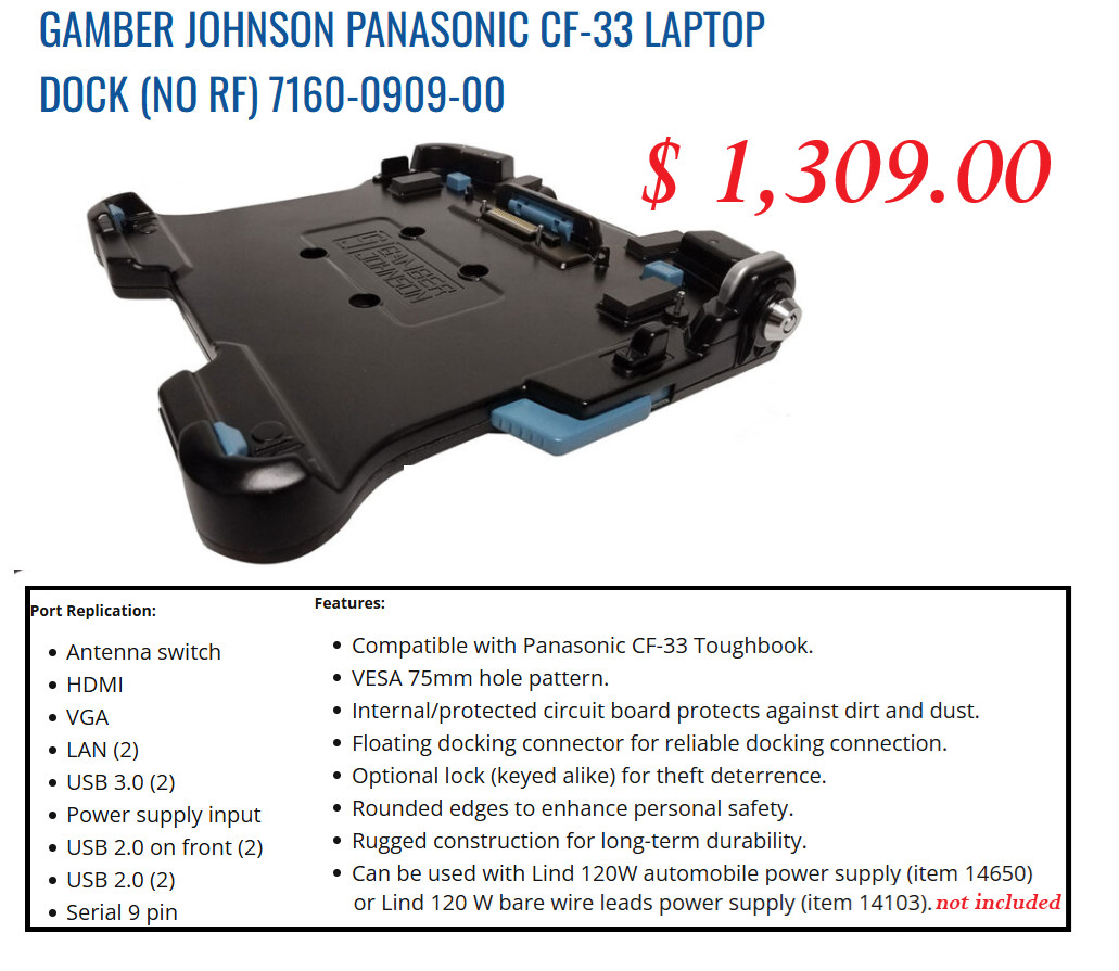 Gamber Johnson 7160-0909-00 Dock Station Panasonic Toughbook CF33 Laptop NO RF