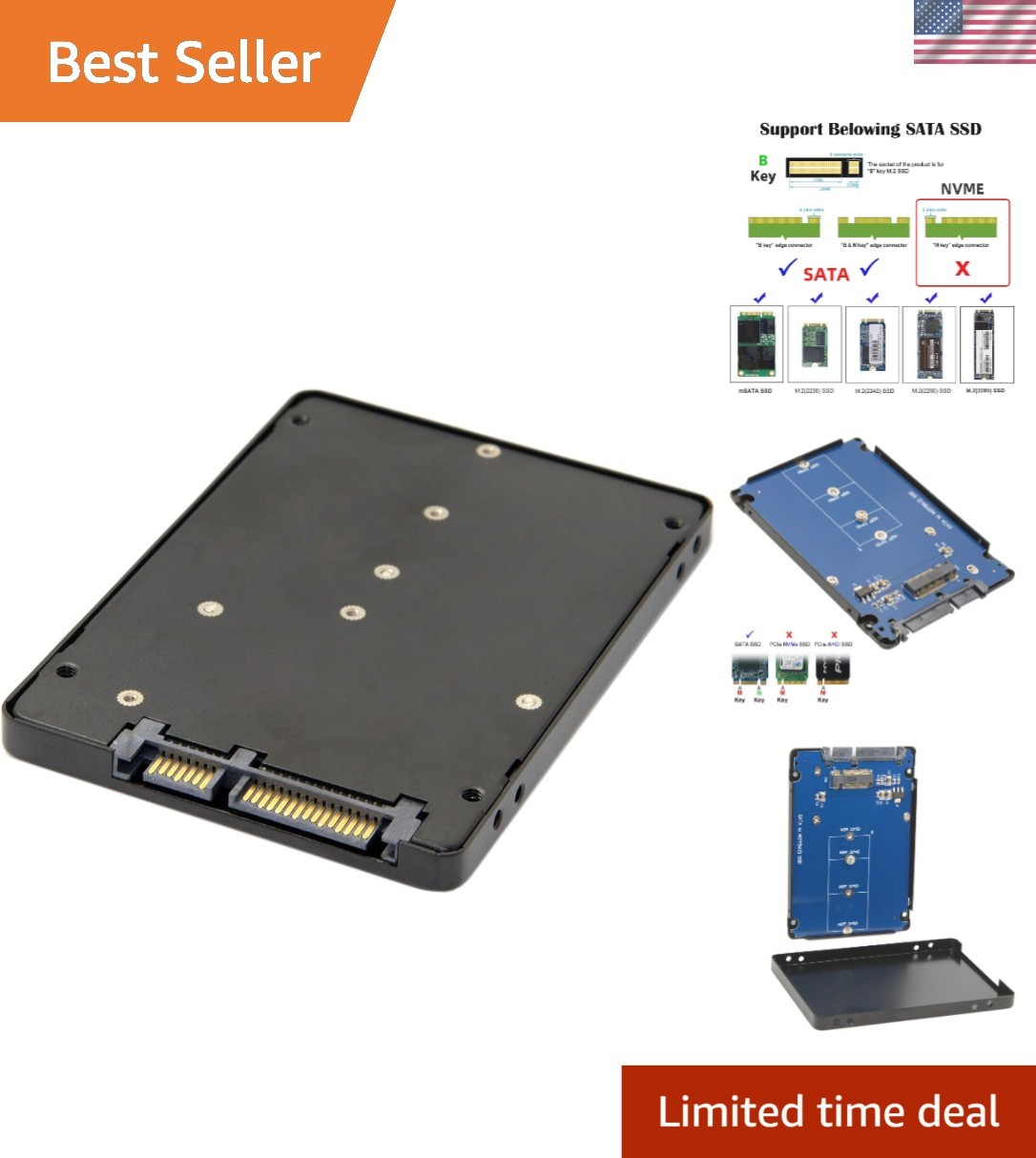 B+M Key Socket 2 M.2 NGFF SATA SSD to 2.5 SATA Adapter Card Adapter with Blac...
