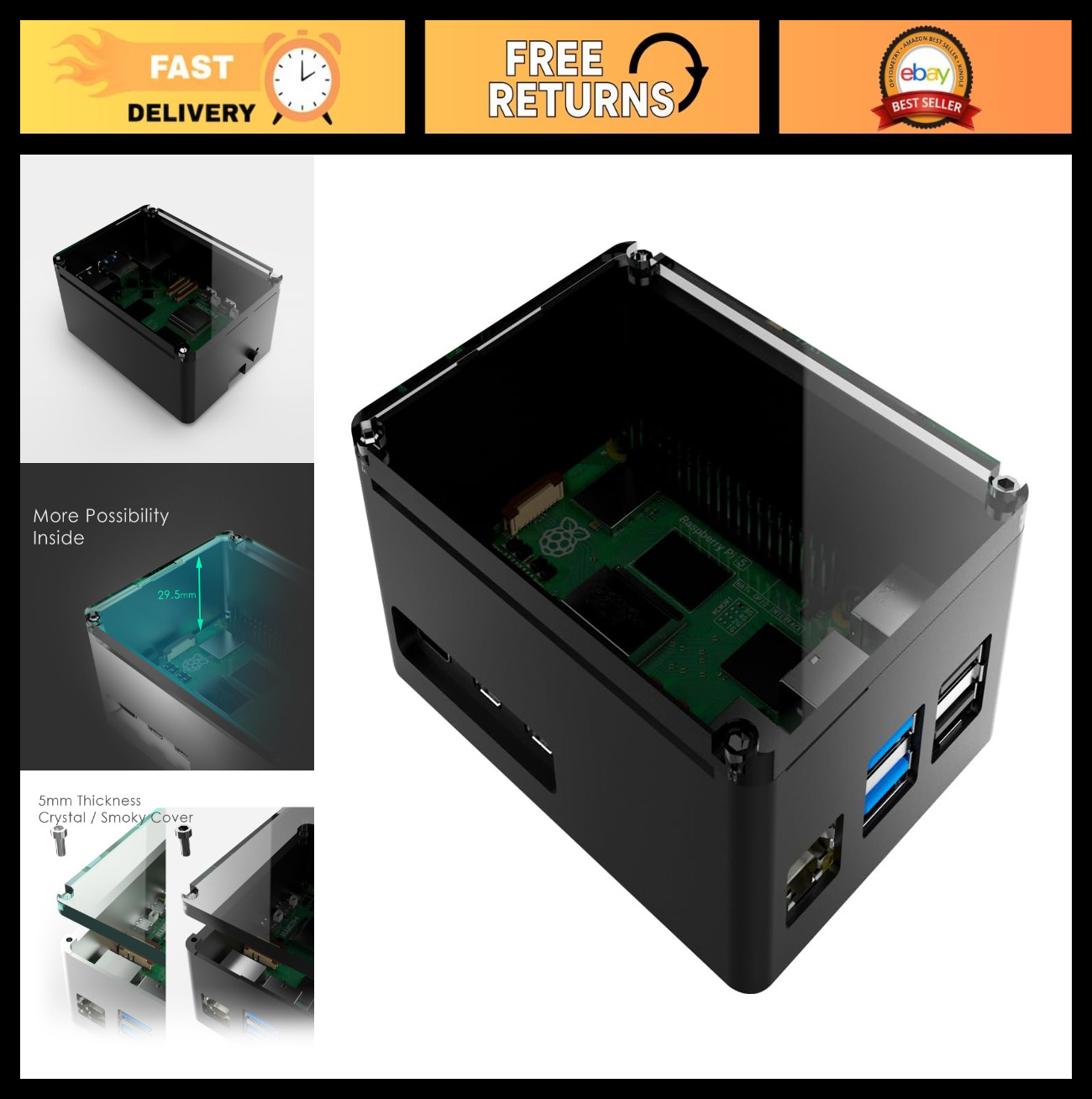 Aluminum Extra High Pi Case for Raspberry Pi 5 - Sleek Black Design, Durable Pro
