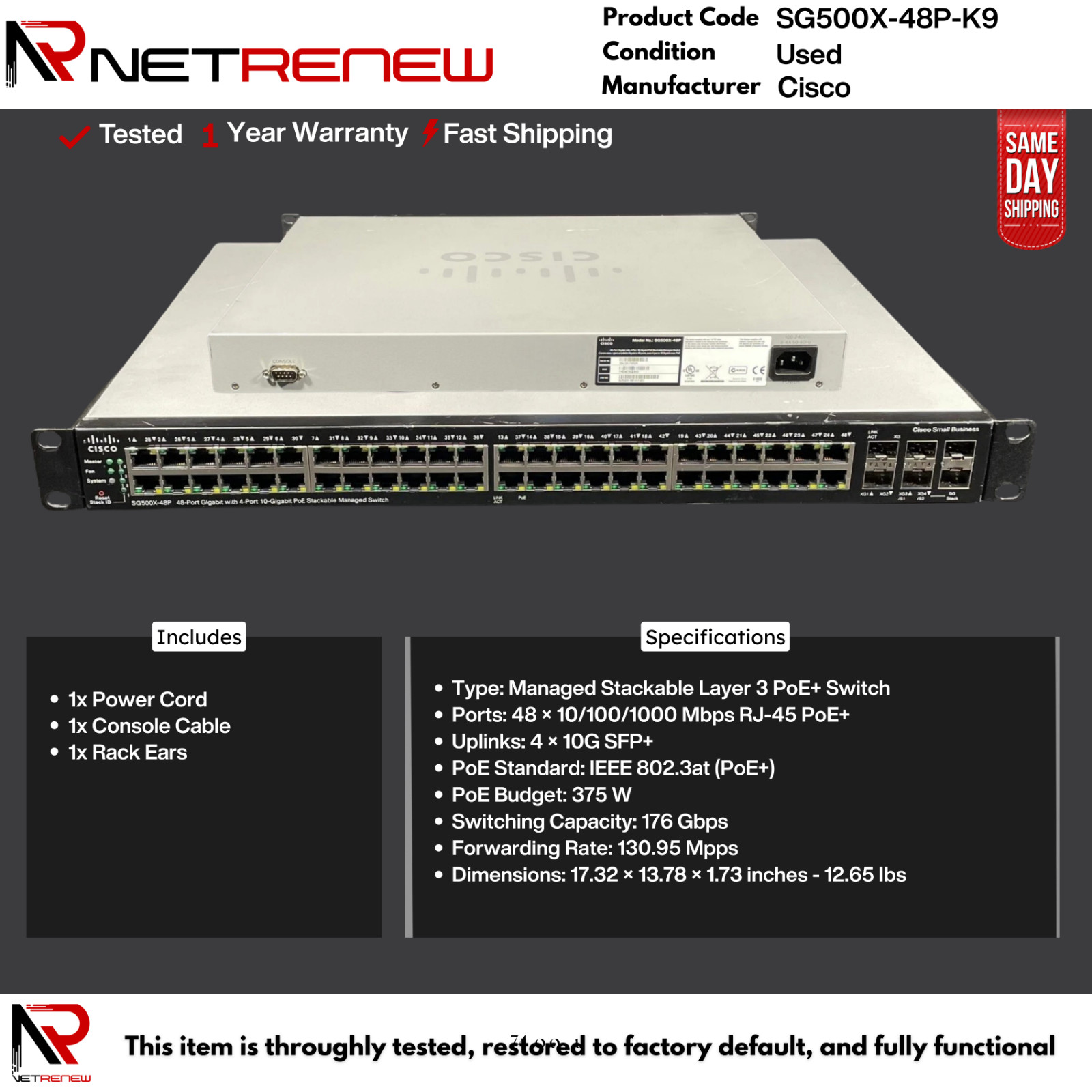 Cisco SG500X-48P-K9  Managed Switch 48 Port PoE+ Stackable