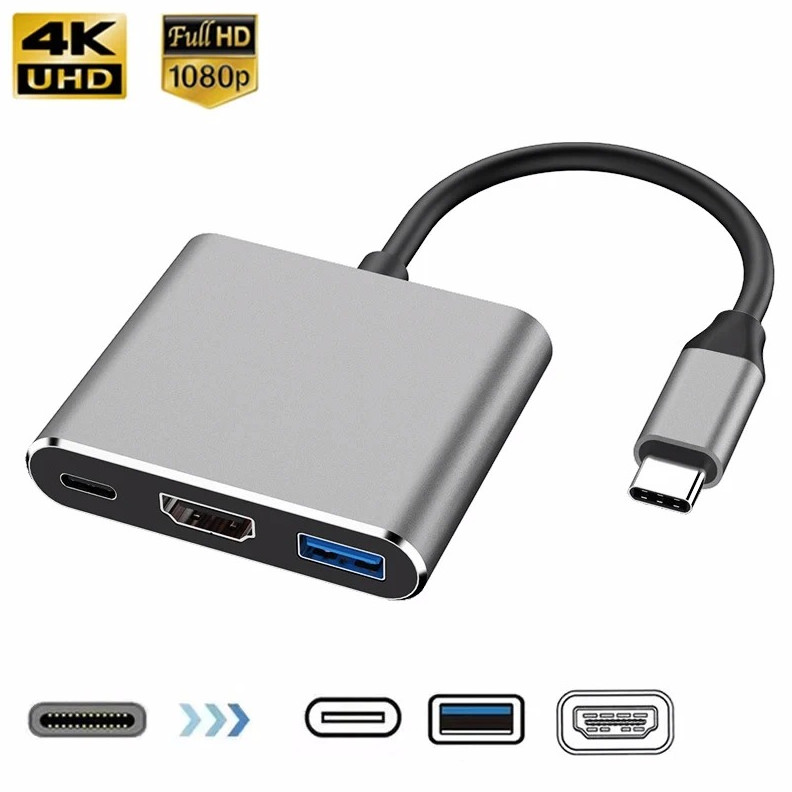 3 In 1 Usb C Hub Hdmi 4K Usb 3.0 Type C Charging Adapter For Macbook