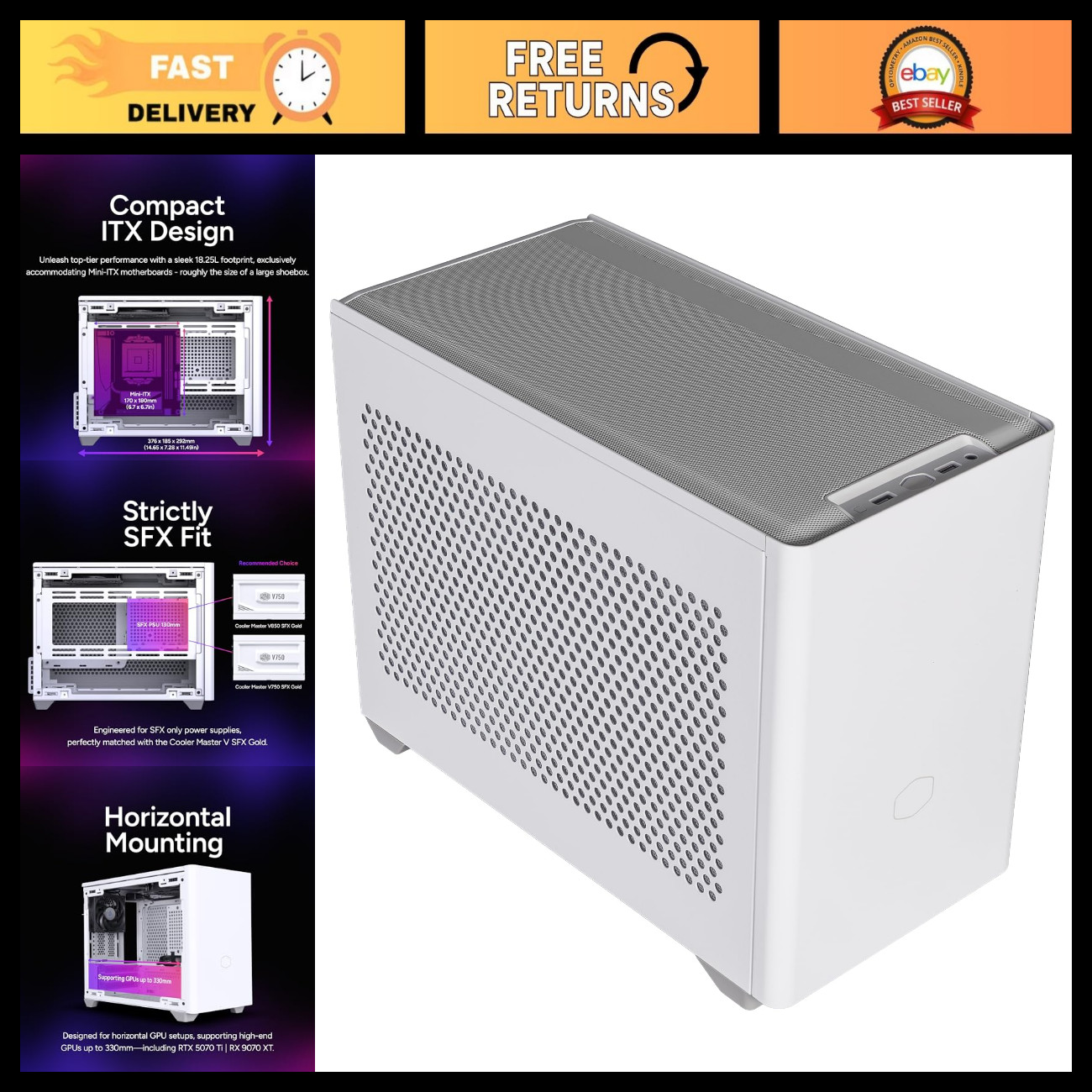 Mini-ITX PC Case, High Airflow Design, 330mm GPU Support, Compact White Cooler