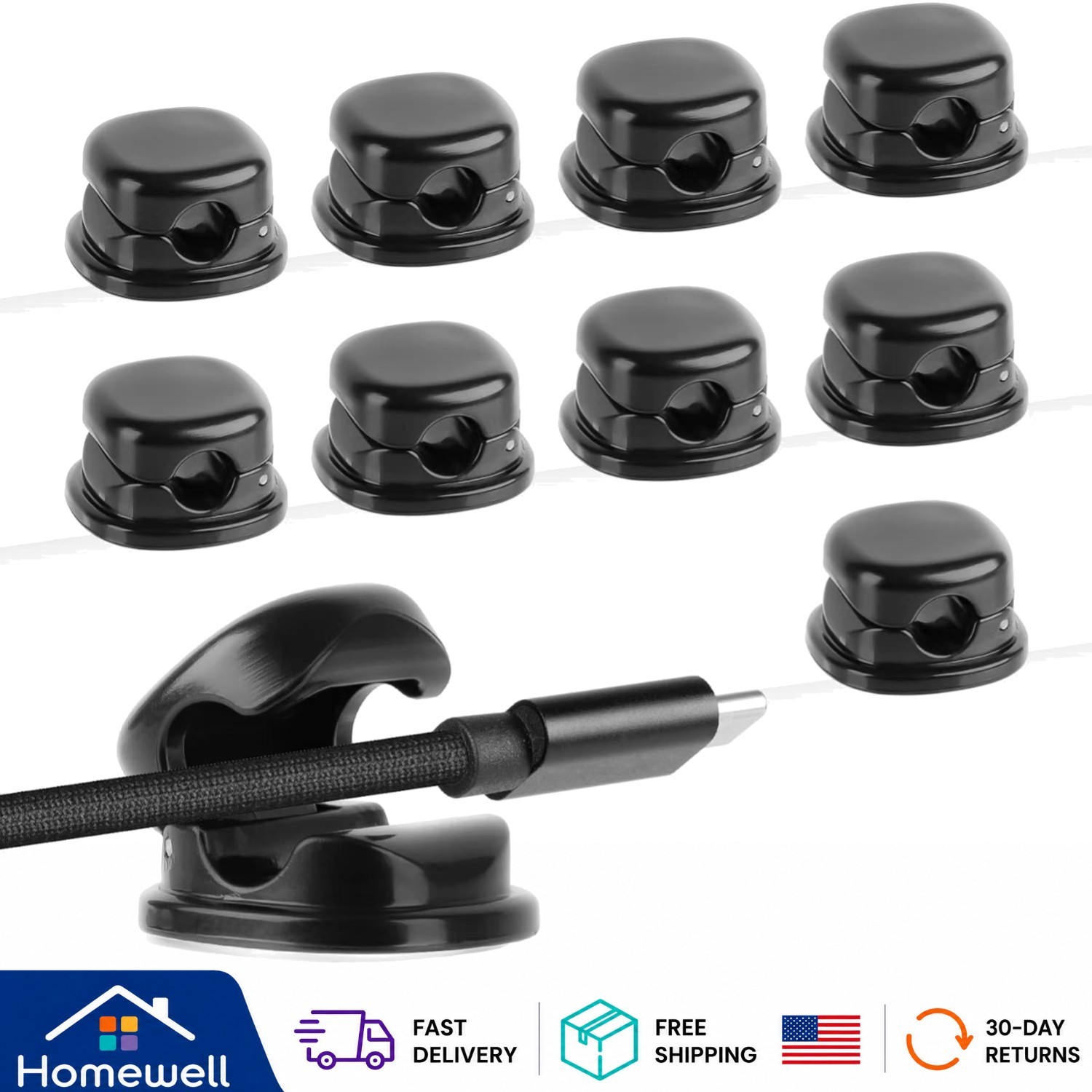 Compact 9-Pack Black Cable Clips: Effortless Management for Home & Office