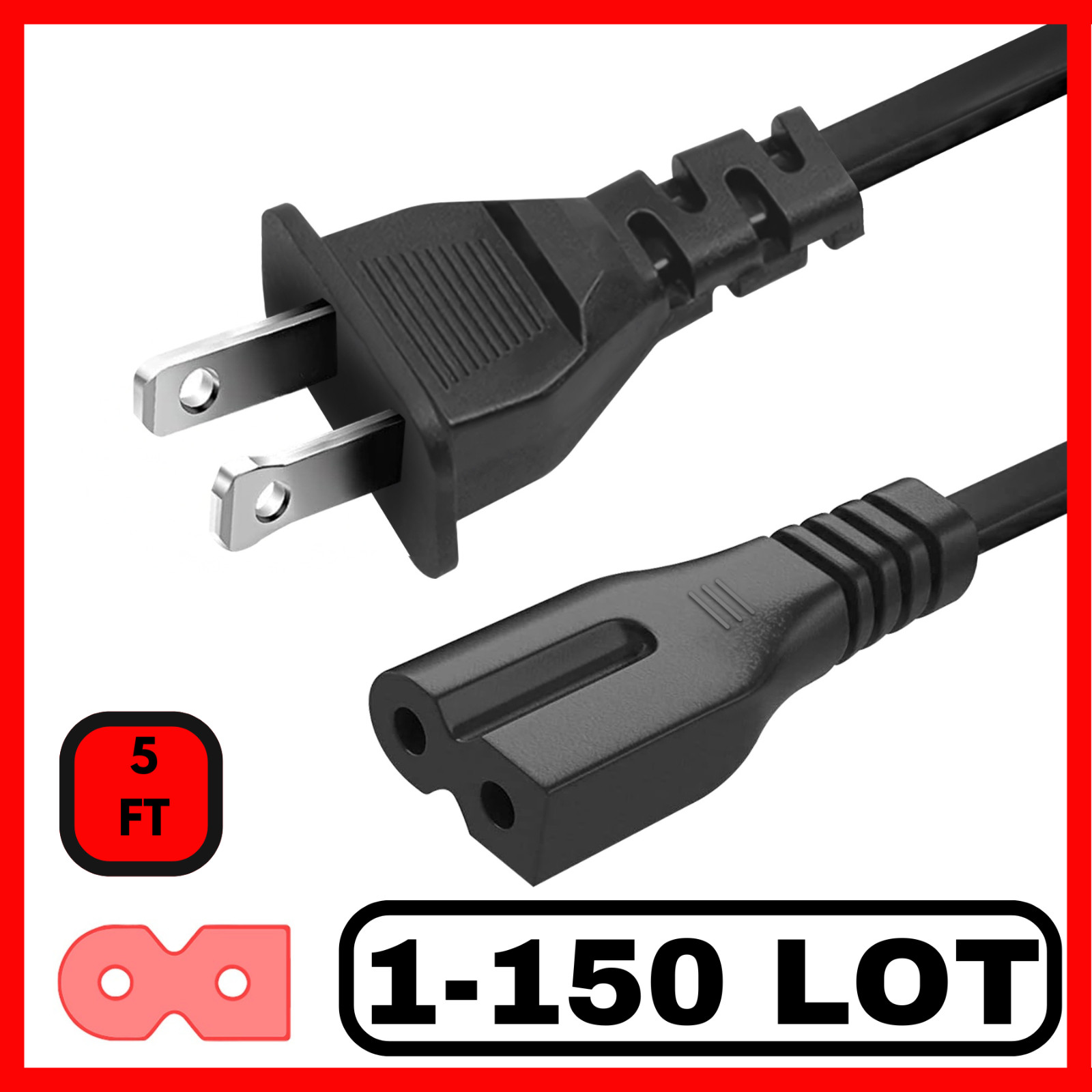 100 Pack Polarized Power Cord Cable 2 Prong Universal Standard 5FT TV Wall Plug