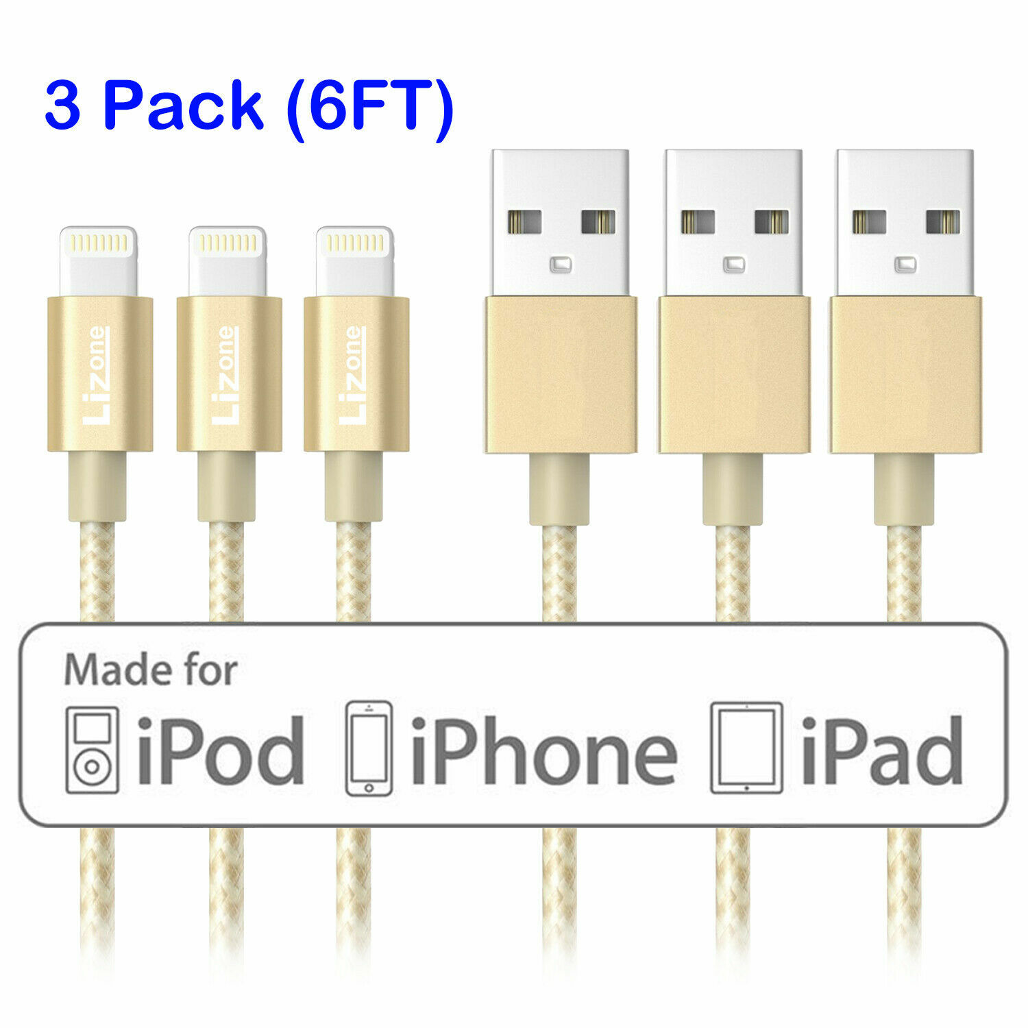 3X Lightning Cable 6Ft Apple MFi Certified for iPhone 11/11 Pro Max/X/XS Gold