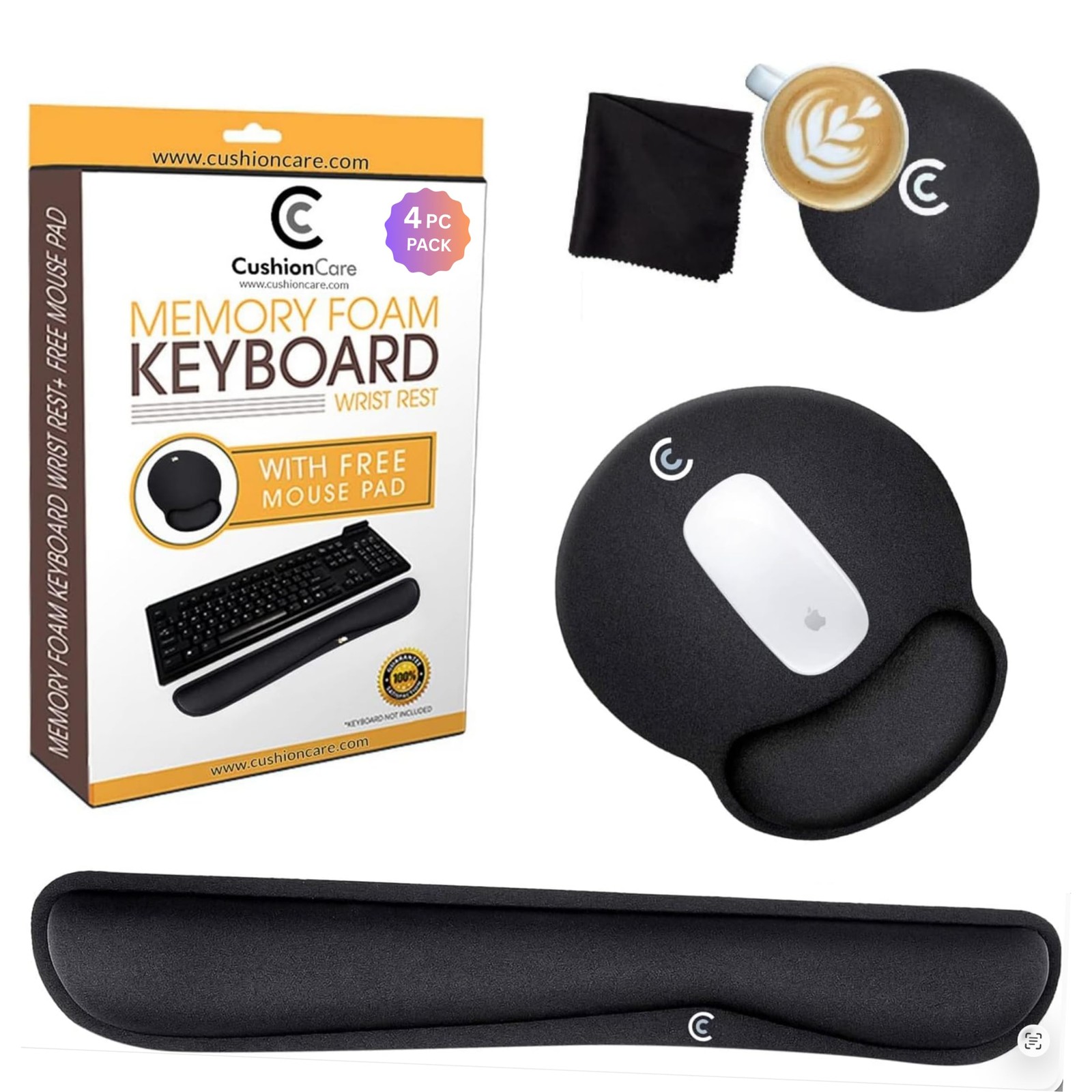 4pc Wrist Rests for Keyboard and Pad Set - Memory Foam Cushion, Black - Ergon...
