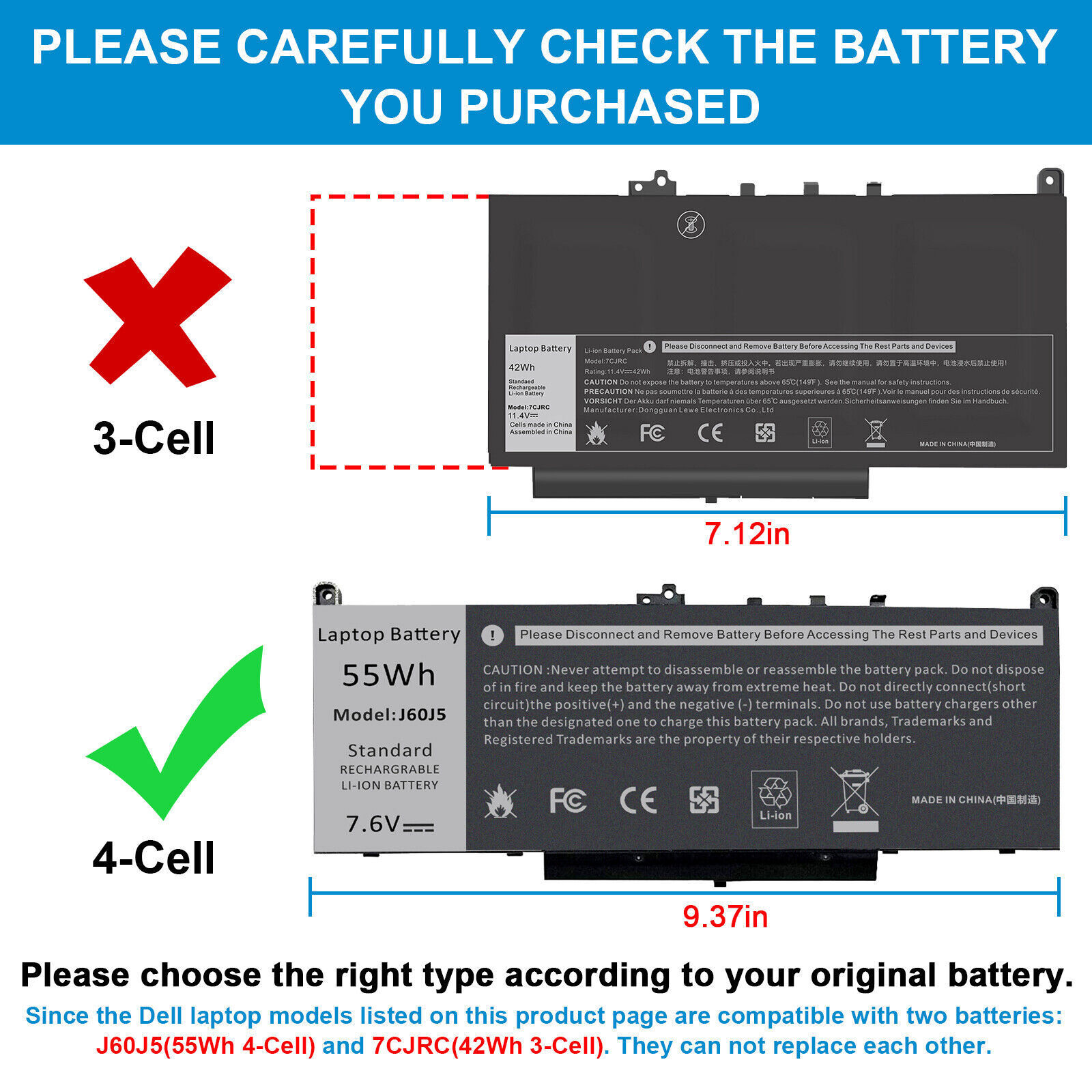 J60J5 7CJRC Battery for Dell Latitude 7470 7270 E7470 E7270 TX283 MC34Y 451-BBSX