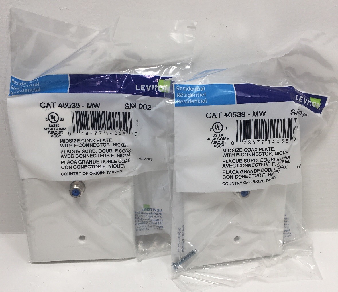 2 PACK Leviton 40539-MW Midsize Video Wall Jack, F Connector, White NEW