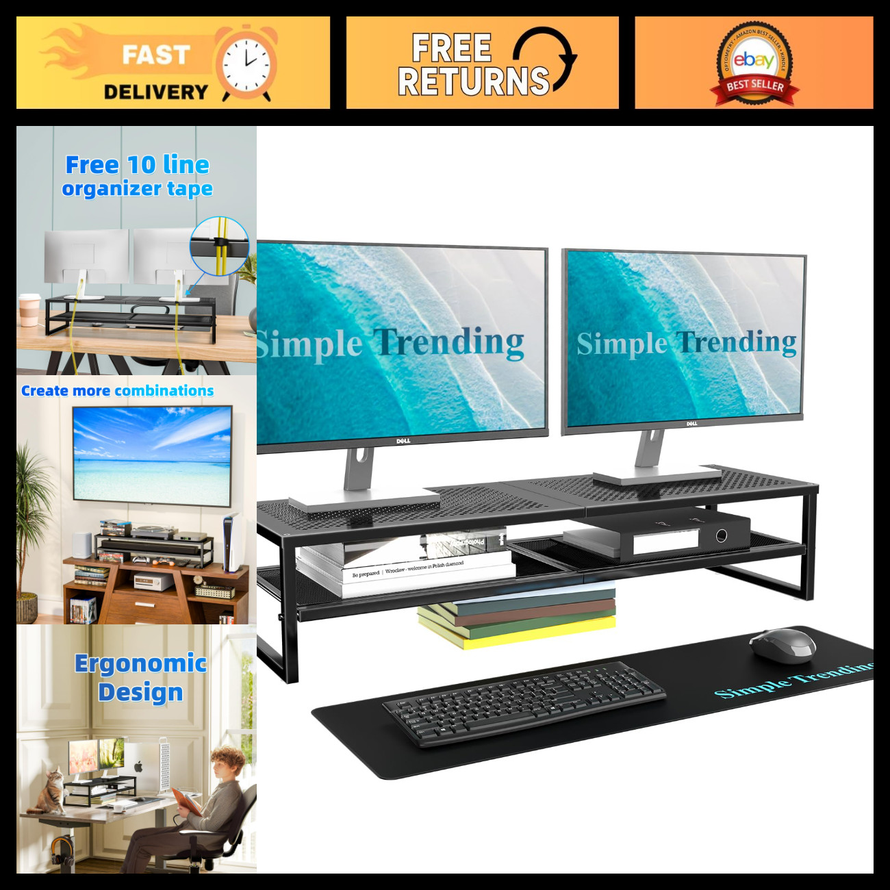 2-Tier Dual Monitor Stand with Mouse Pad - Metal, Black, Adjustable Height