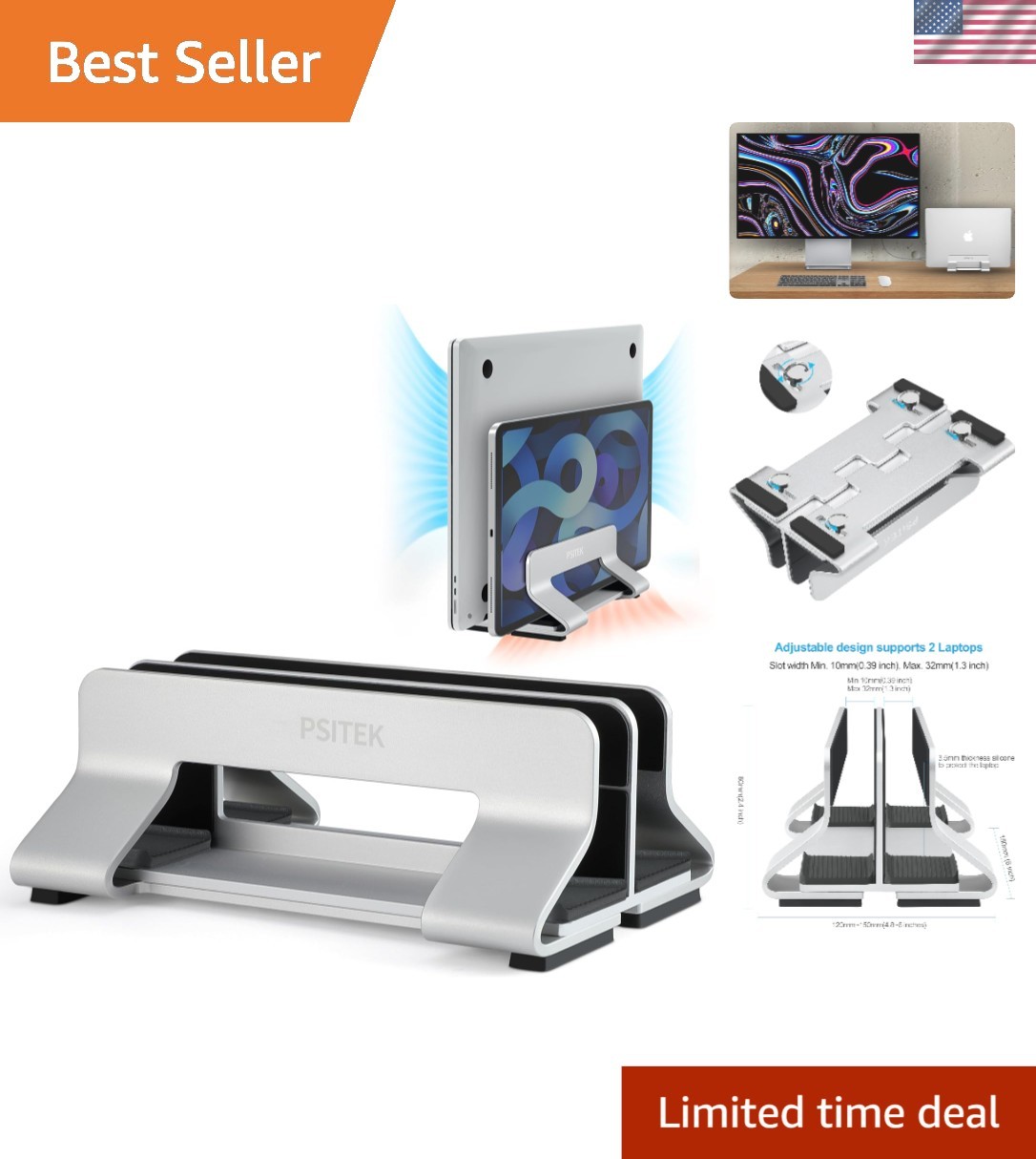 Elegant Aluminum Dual Vertical Laptop Stand Dock for 2 Devices, Adjustable Width
