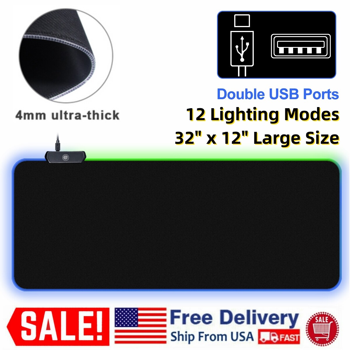 Large RGB Mouse Pad Gaming Desk Mat 12 Modes Glowing LED Light with USB Port