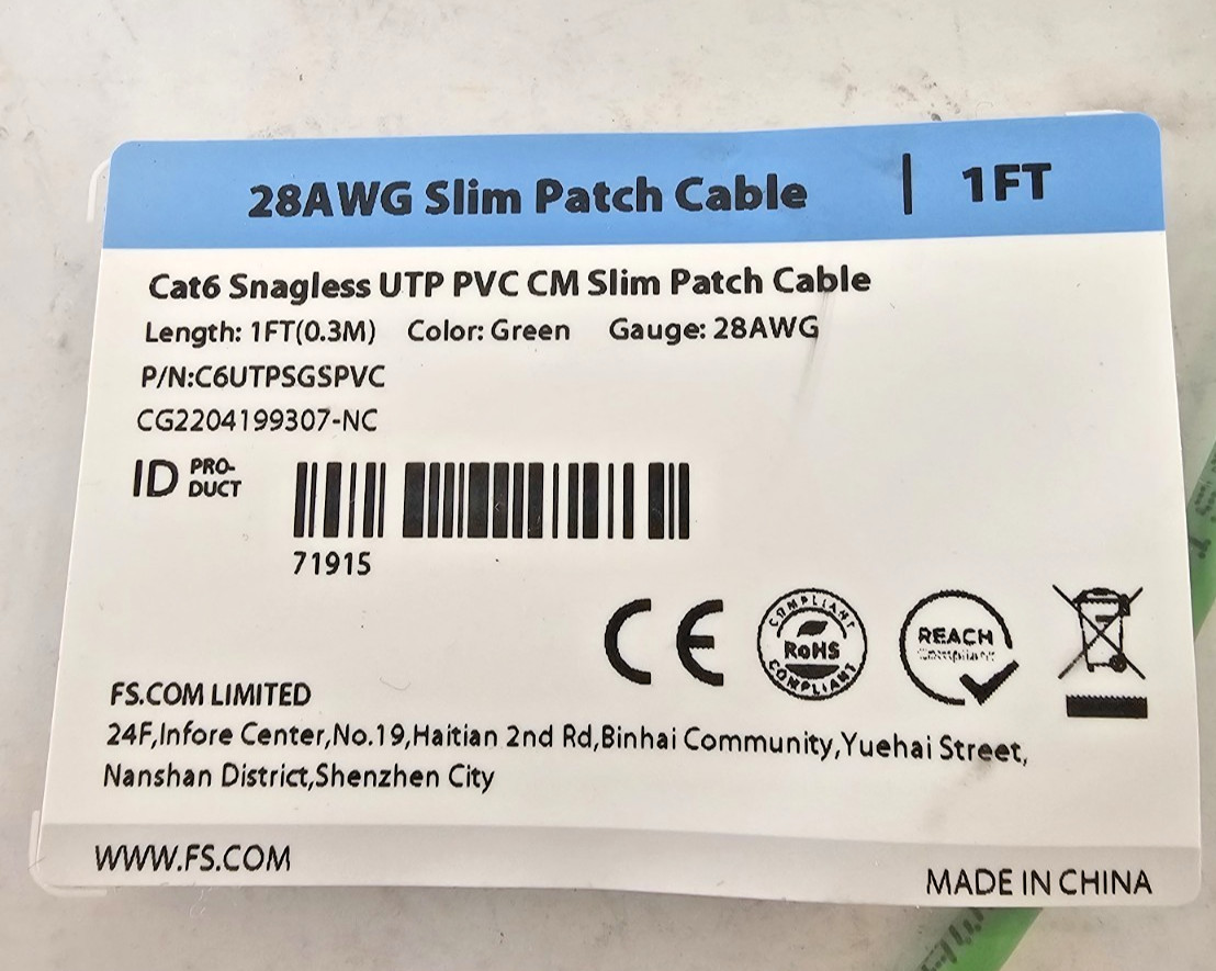 FS Cat6 28AWG Slim Patch Cable C6URPSGSPVC 1ft, Pack Of 20