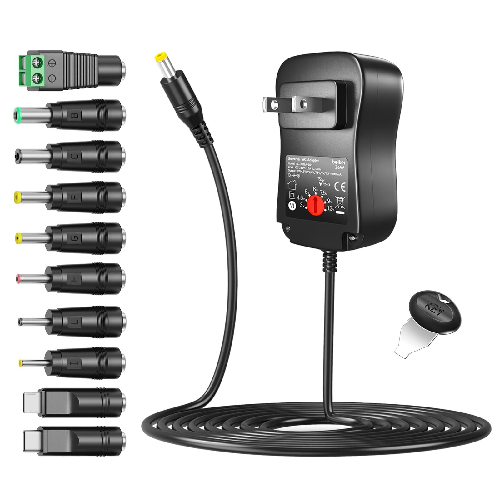 Belker 36W Universal 3V 4.5V 5V 6V 7.5V 9V 12V USBC AC 36w 3-12v 3a, Black