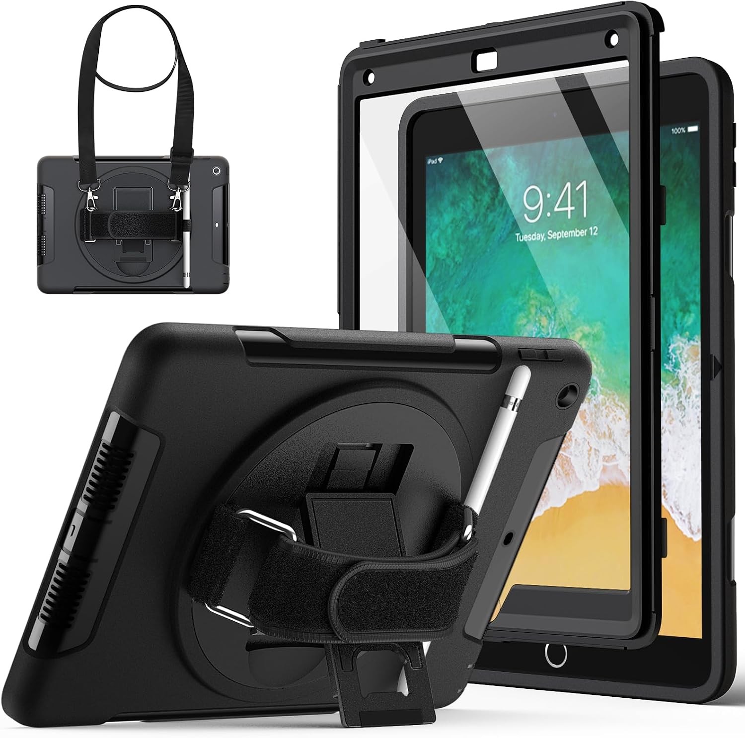 Rugged Case for iPad 6th/5th Gen 9.7" with Built-in Screen Protector, Black