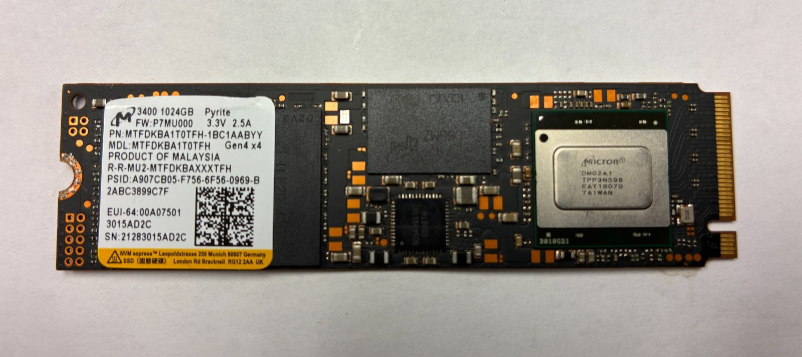Micron 3400 1TB Gen 4x4 MTFDKBA1T0TFH SSD - New Pull