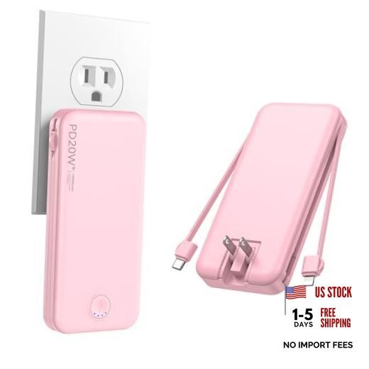 Portable Charger 10000mAh PD20W w/Built-in Cables & Pink 10000 Milliamp Hours