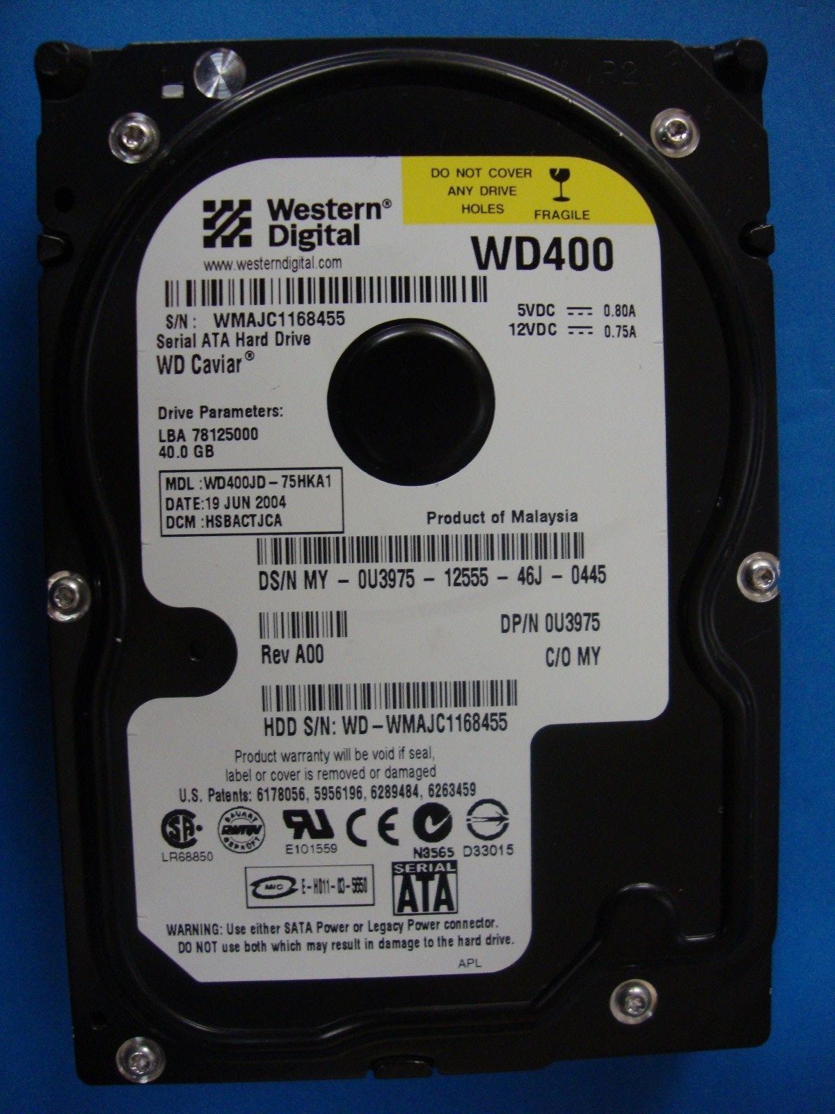 Western Digital WD400JD-75HKA1 SATA 40GB Hard Drive 0U3975 DCM: HSBACTJCA Tested