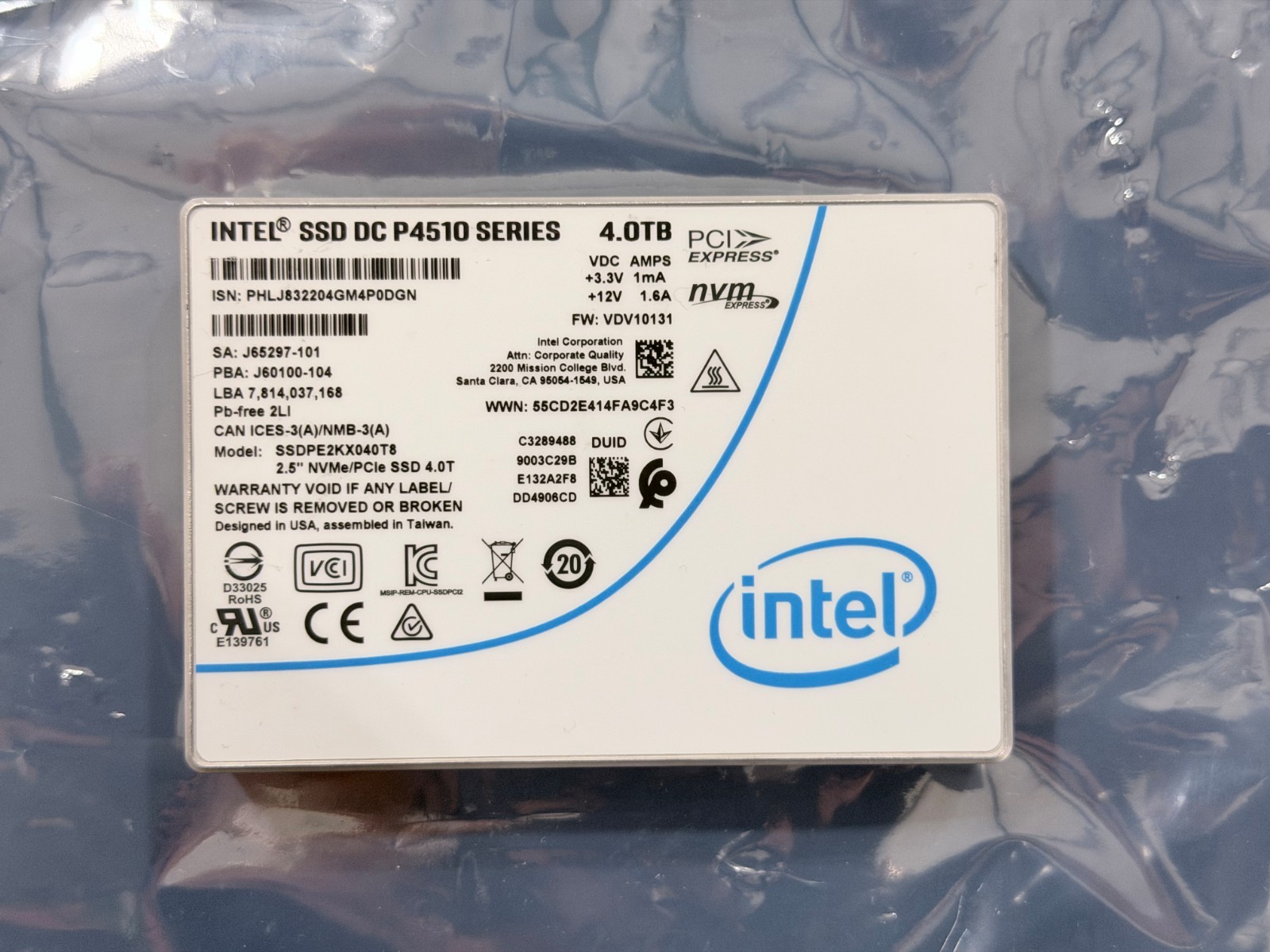 Intel DC P4510 4TB U.2 NVMe SSD SSDPE2KX040T8 2.5" PCIe 3.1 - 90%+ Health Tested