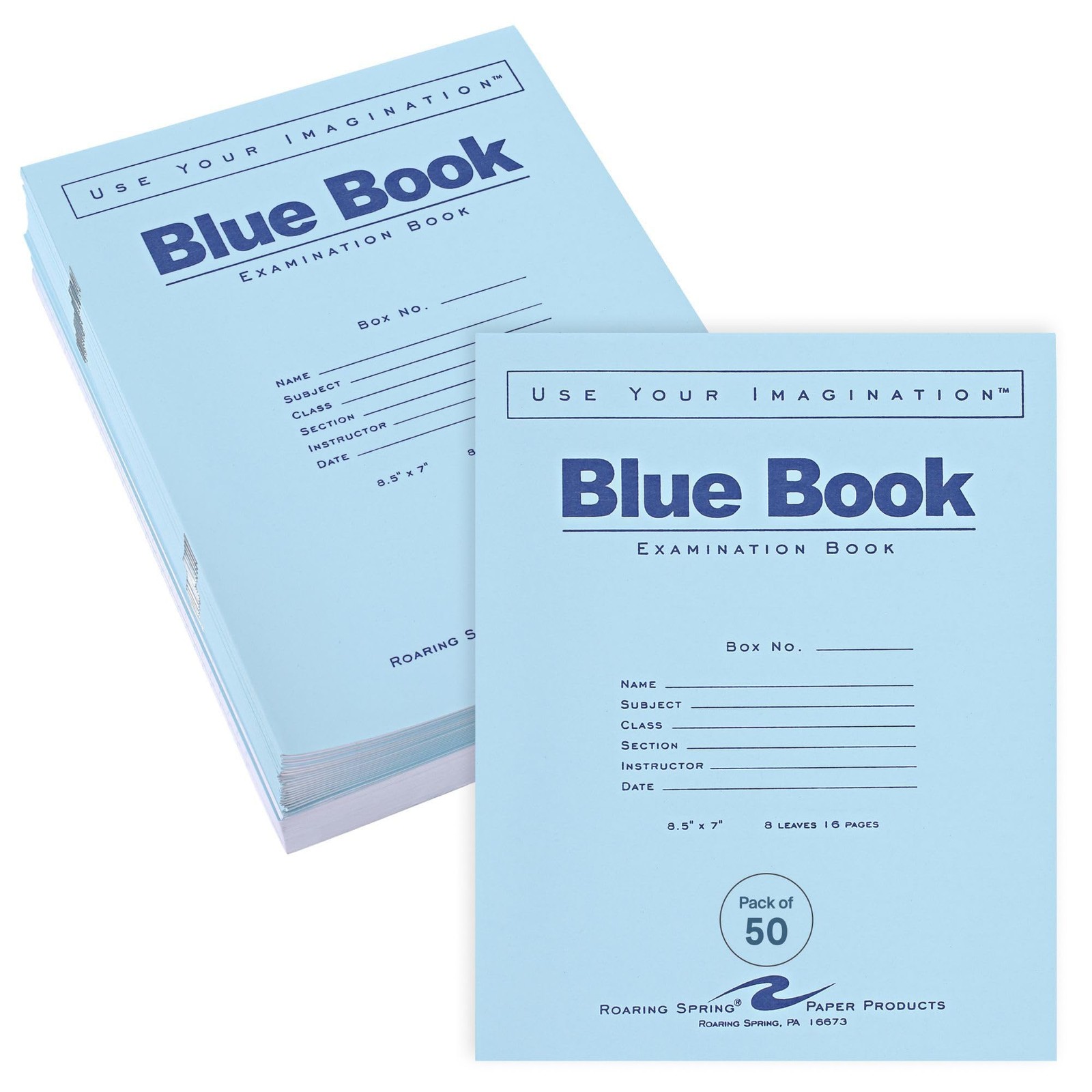 Exam Books Blue 8.5 x 7 8 Sheets 16 Pages 50 Pack Roaring Spring Sheets 16