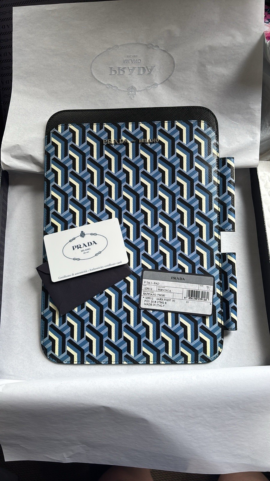 Prada Blue Geometric Saffiano Twist leather iPad tablet Case NEW AUTHENTIC 
