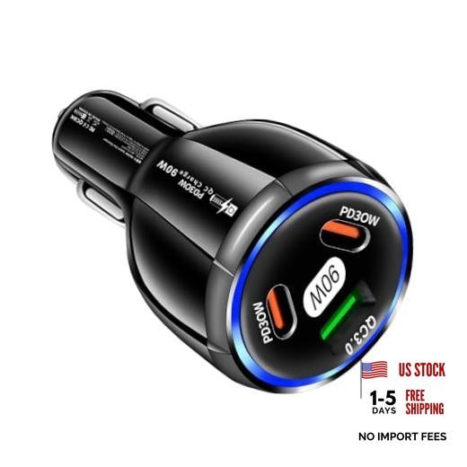 Car Charger Adapter, 3 Port USB-C & USB-A 90W Fast Charger, Car Black-1pc
