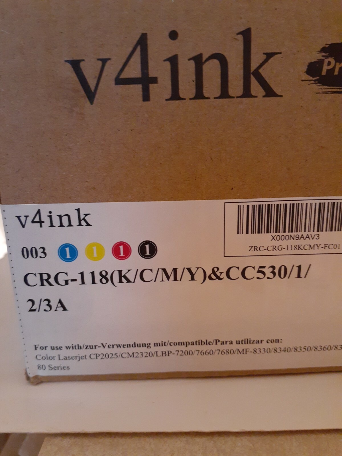 V4INK. CRG 118 K/C/M/Y & CC530 1/2/3A    Toner Cartridges for HP/Canon. 4 Pack