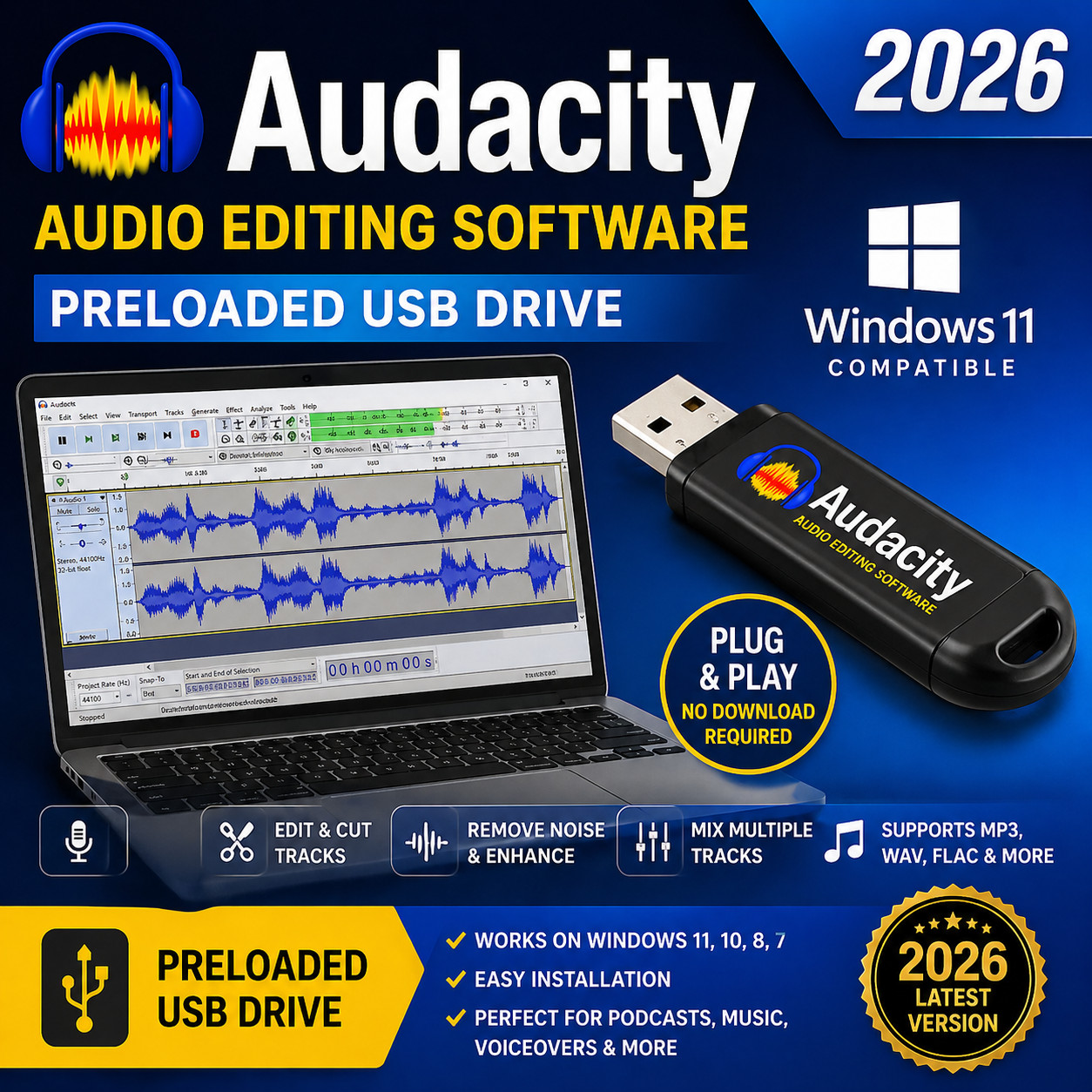 Audacity 2026 USB, Professional Audio Music Editing Recording, Podcasting