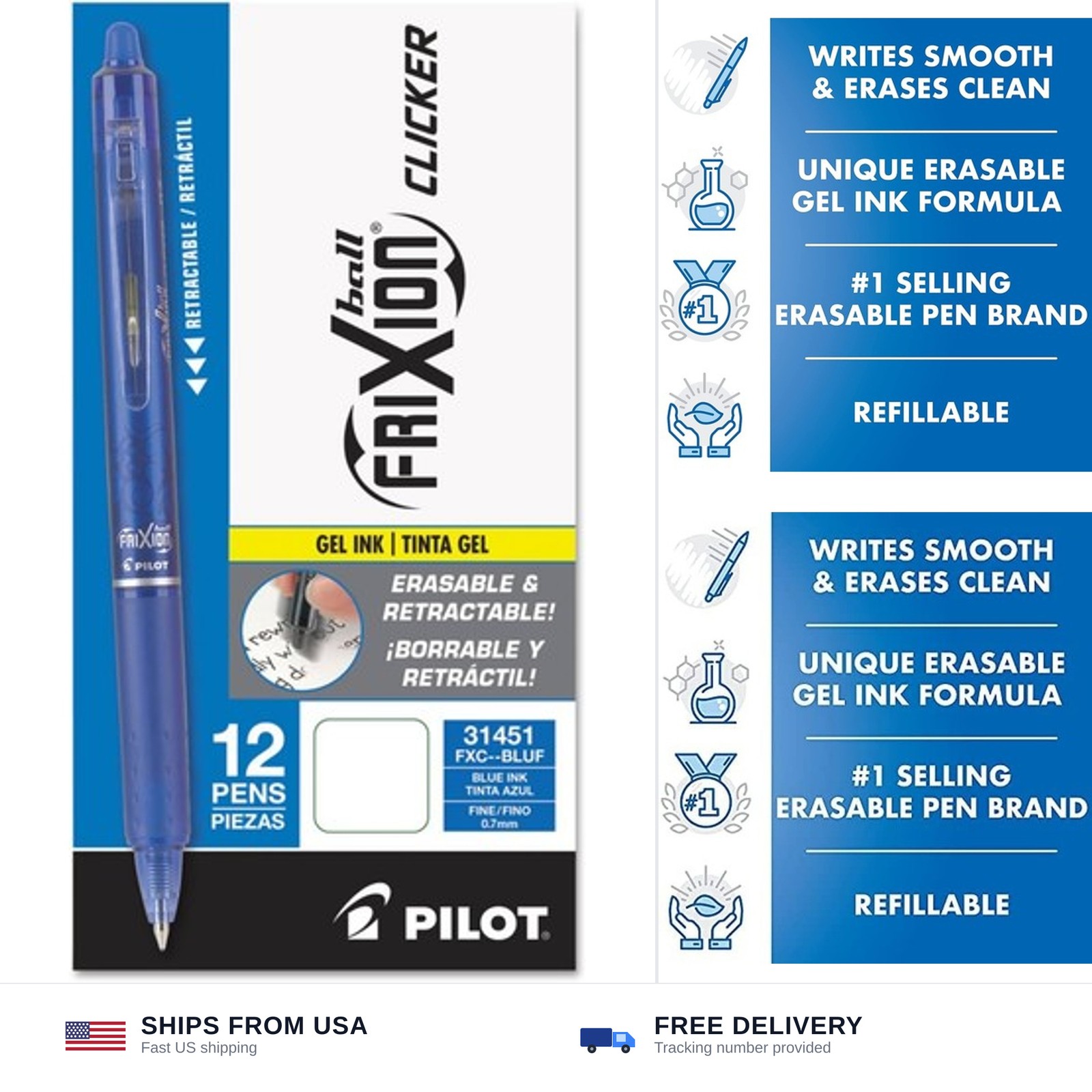 PILOT Pen 31451 FriXion Clicker Erasable, Blue Ink, 12-Pack