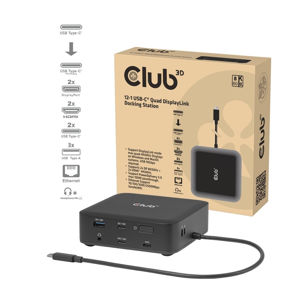 Club 3D 12-1 USB-CQuad Docking Station 2x DisplayPort HDMI 4K60Hz CSV-2542