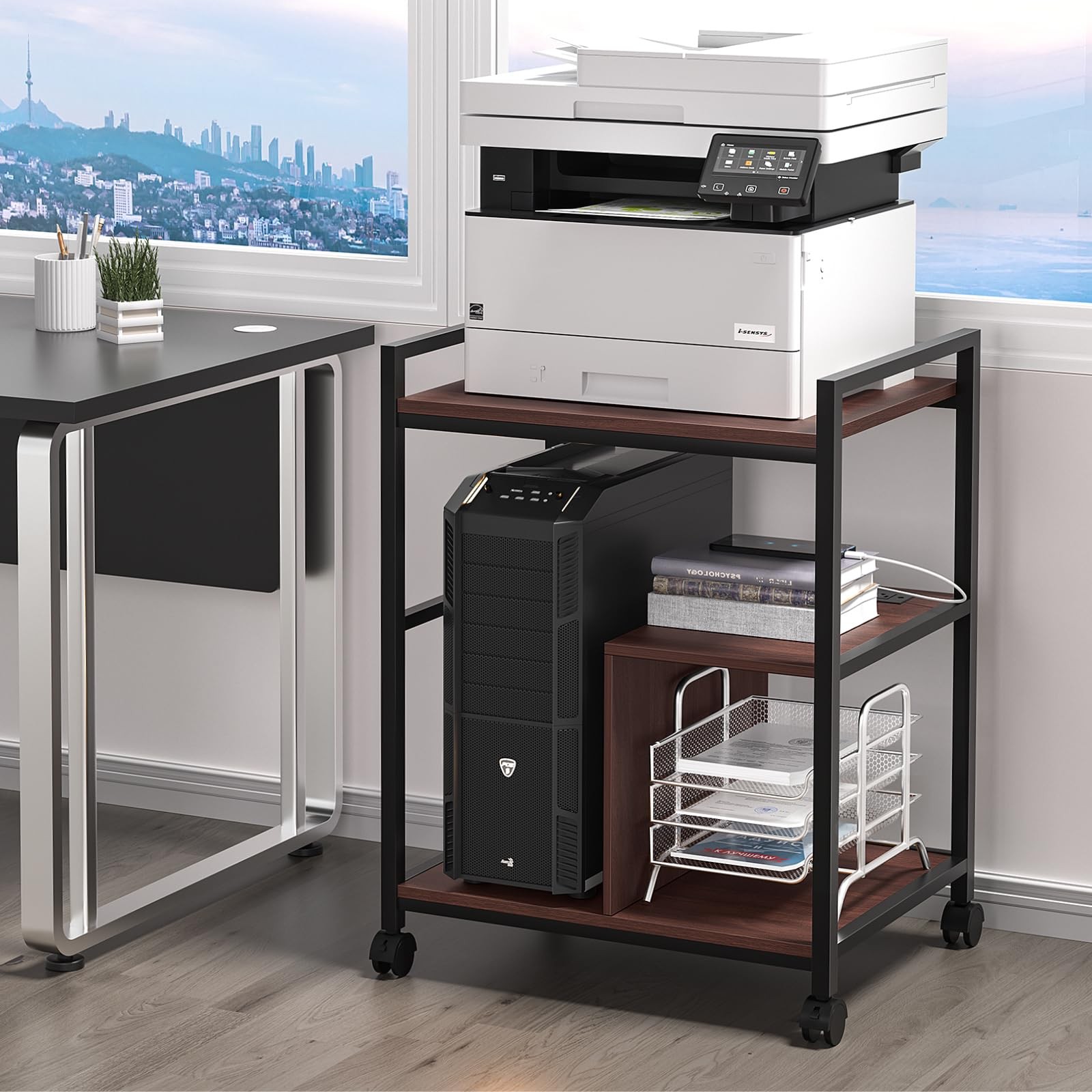 24" Wide Large Printer Stand with Storage, Walnut