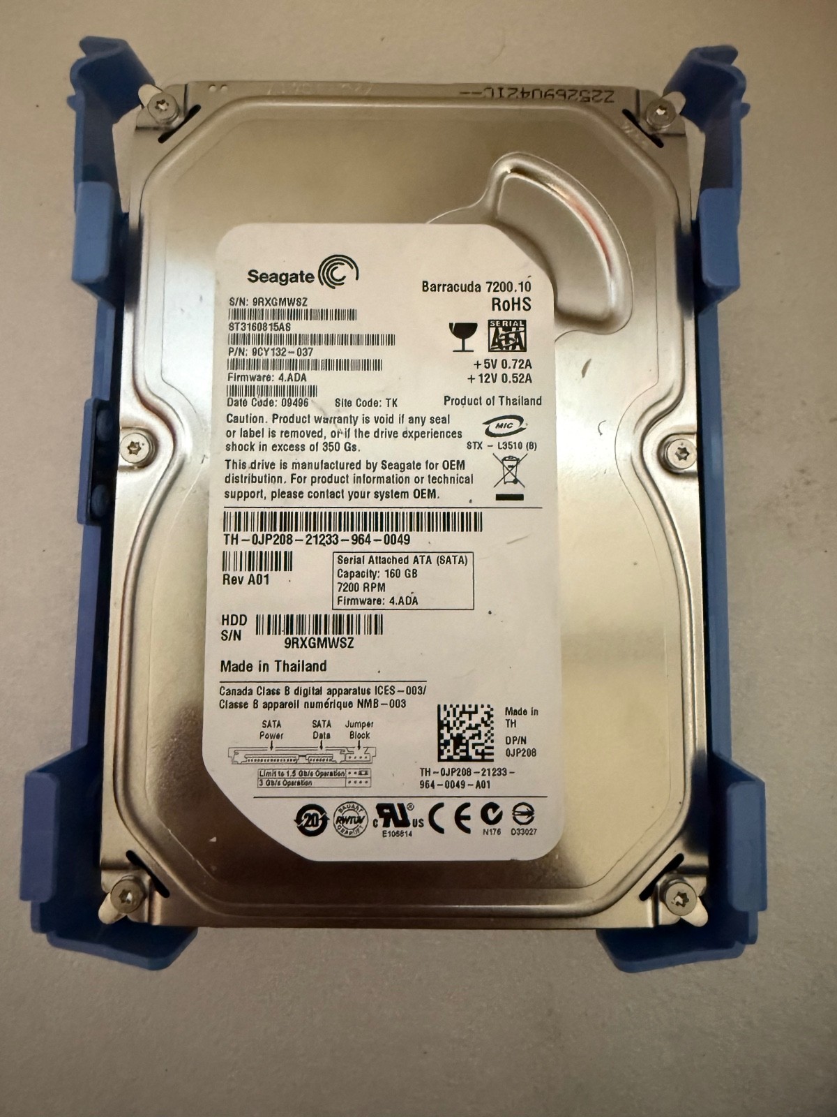 Seagate Barracuda 160GB 3.5 SATA ST3160815AS Dell 0JP208 7200RPM 9CY132-037