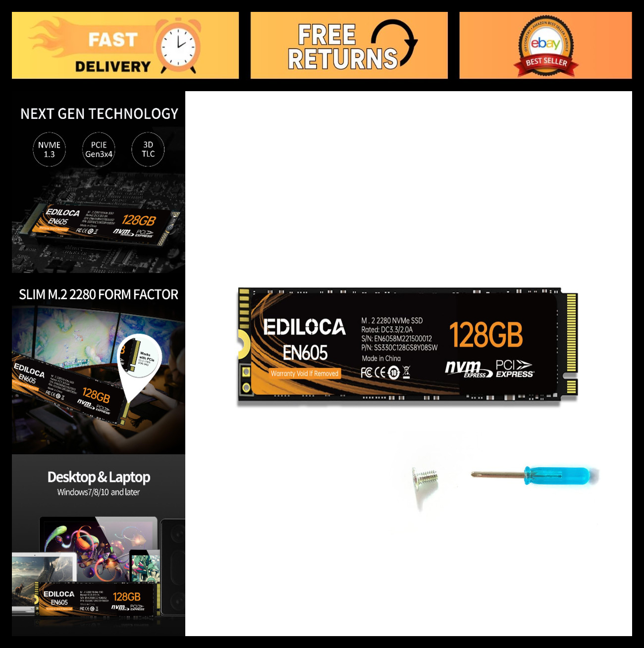 128GB M.2 NVMe SSD, PCIe Gen3 x4 Internal Hard Drive, 1130/400 MB/s, Laptop & PC