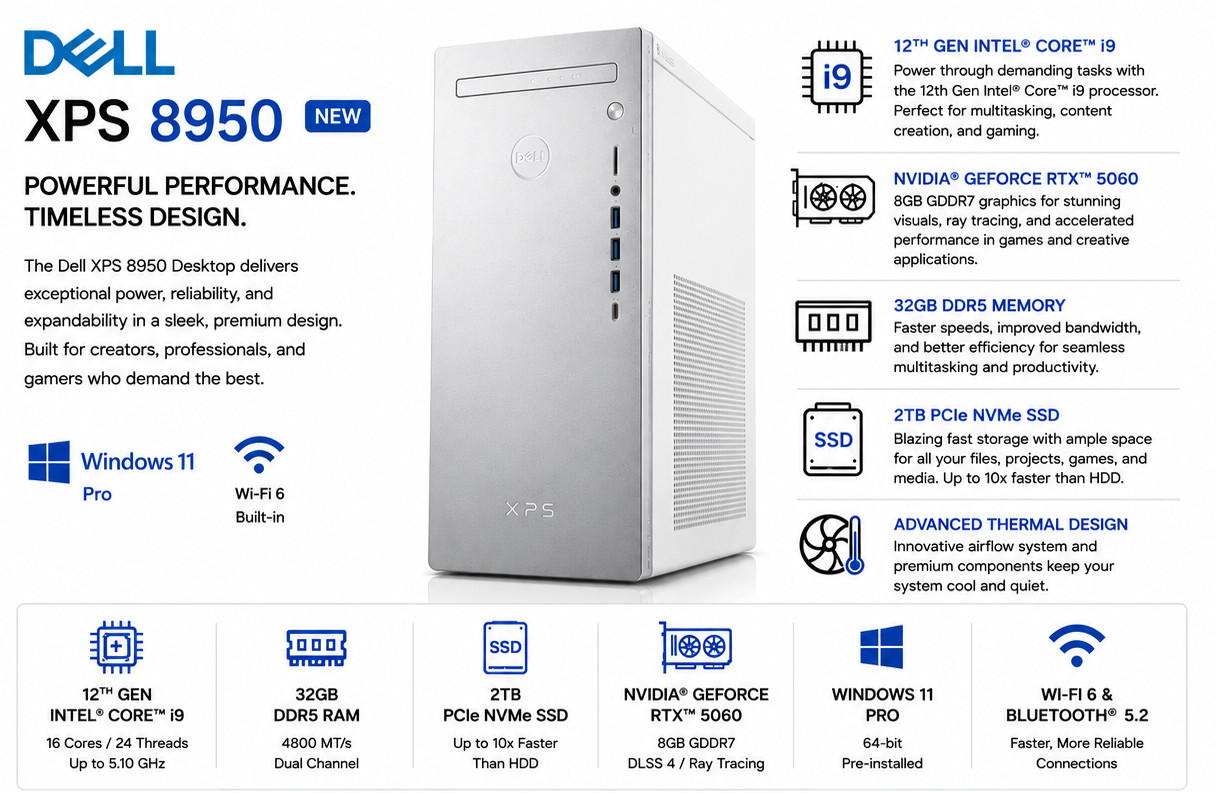 NEW Dell XPS 8950 Intel Core i9 32GB DDR5 2TB SSD Nvidia RTX5060 Gaming Desktop