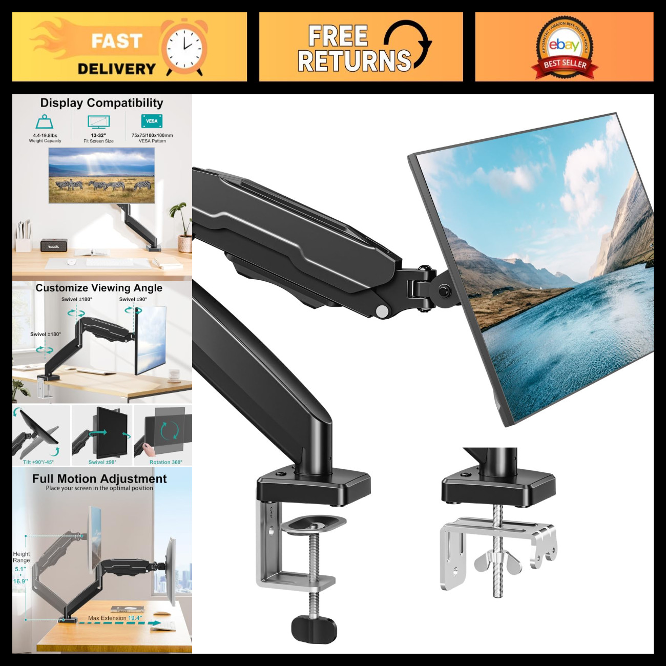 Fully Adjustable Single Monitor Mount Arm for Up to 32" Screens - Ergonomic Desi