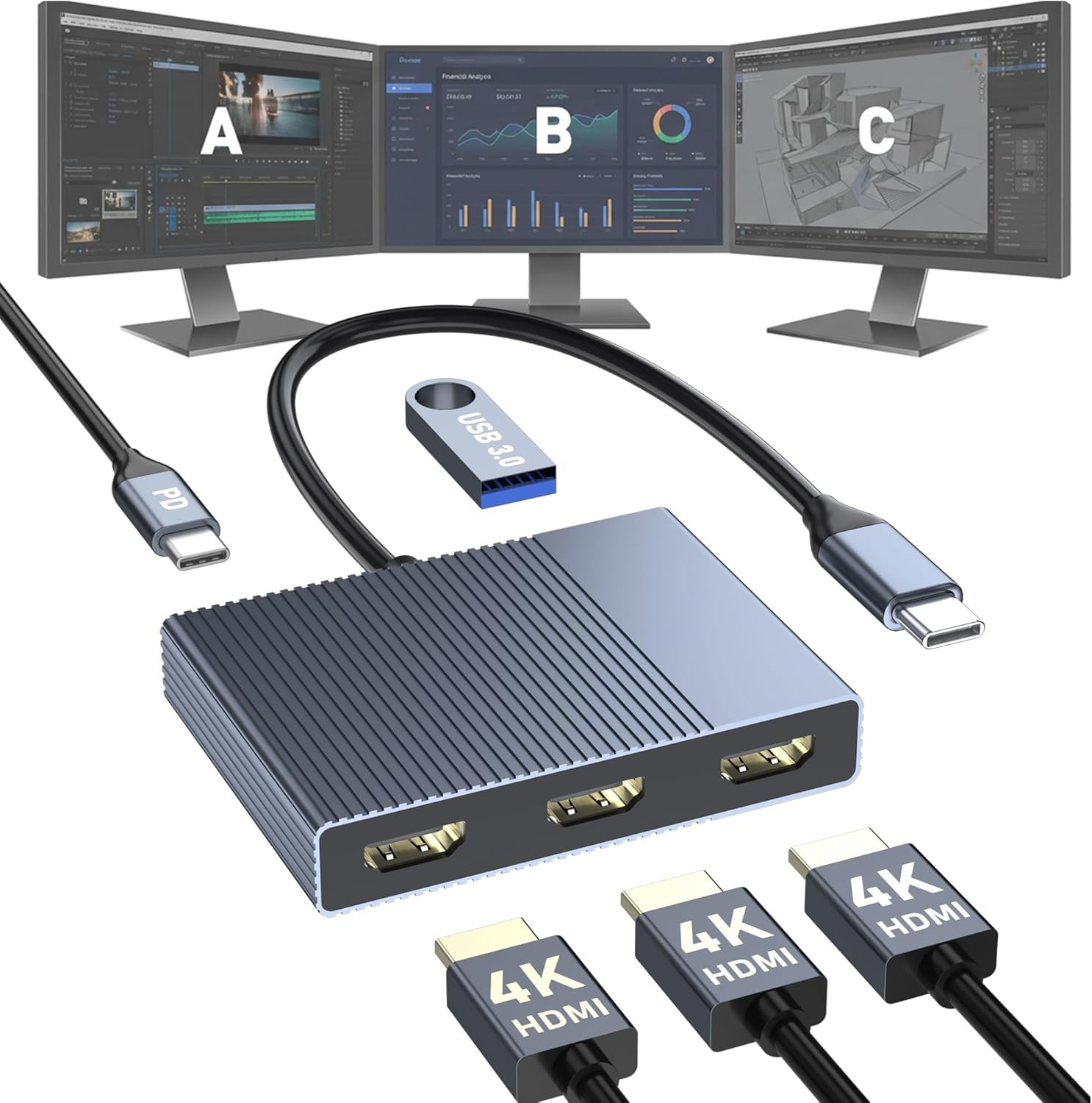 USB C to 3 HDMI Adapter with PD 100W/USB3.0, 4K@60Hz 3 Way HDMI Splitter