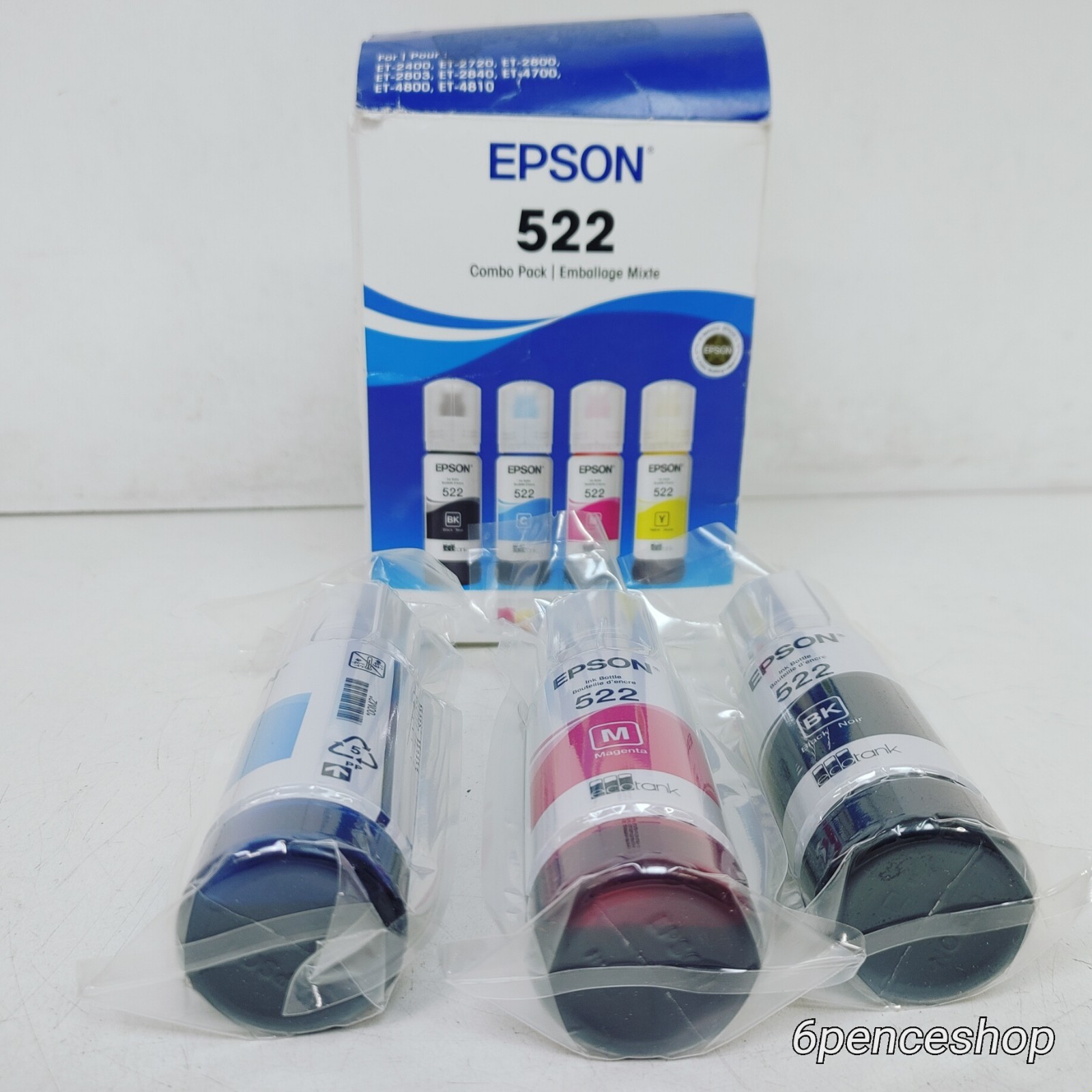Sealed in OB-Epson 522 3pk Combo Ink Bottles Black/Cyan/Magenta 04/2029