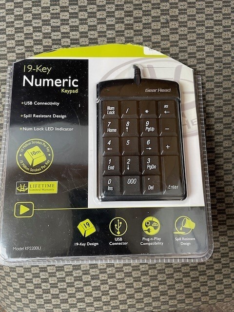 Gear Head 19-Key Numeric Keypad KP2200U USB Plug n Play Sealed Pkg