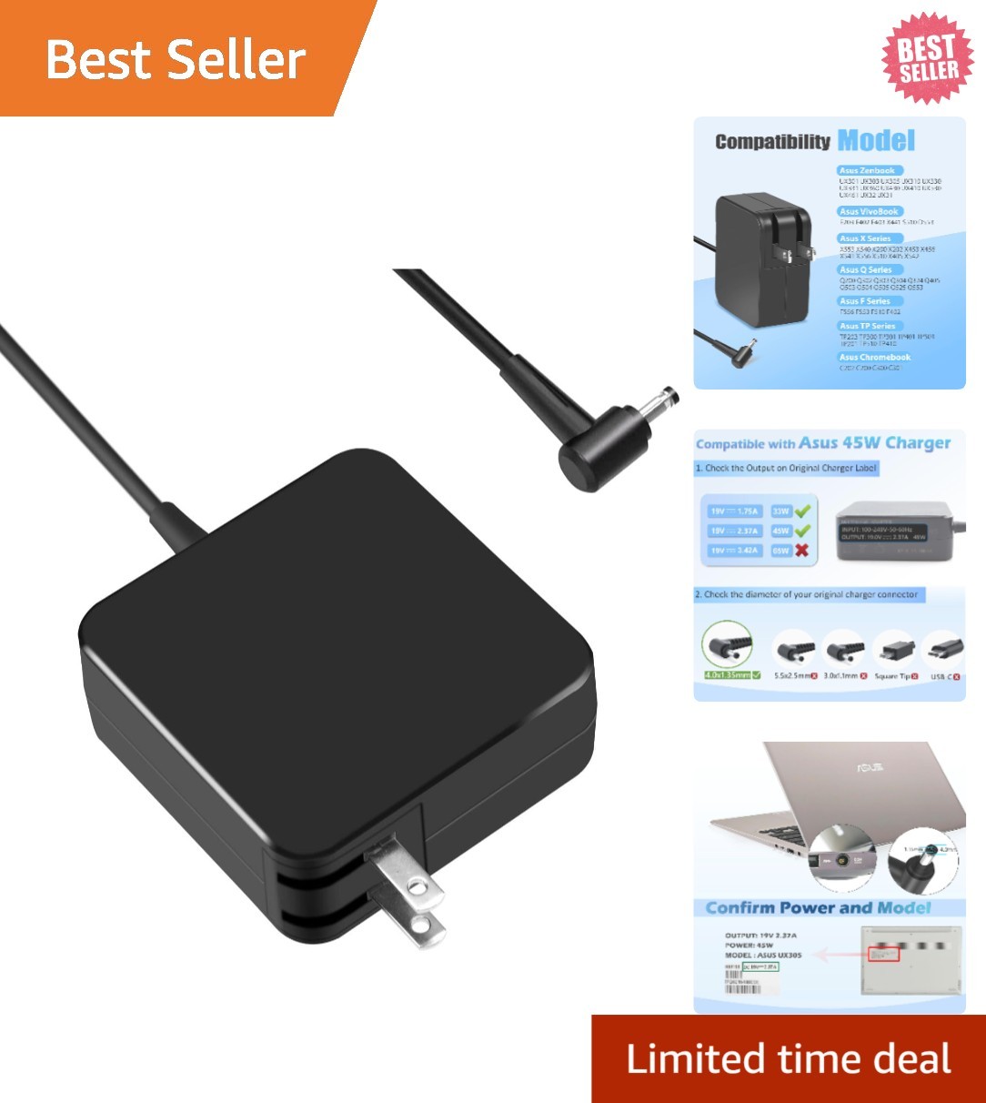 Compact 45W 19V 2.37A AC Adapter - Lightweight Power Supply for ASUS Laptops
