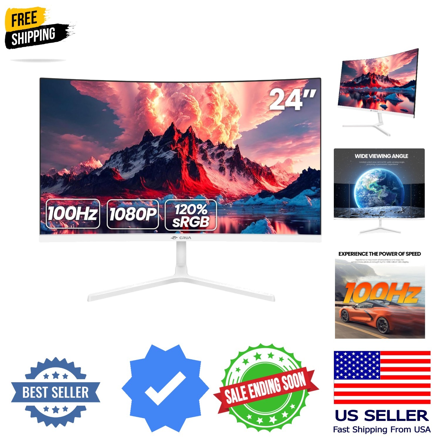 24 Inch Curved Monitor, FHD1920×1080P 100HZ 120% sRGB Computer Monitors, Narr...