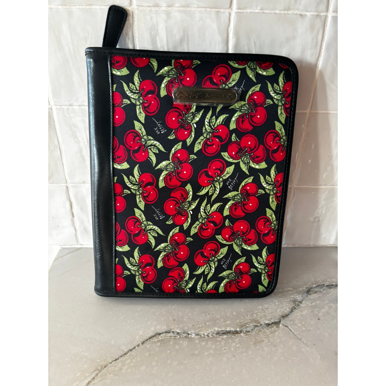 Betsey Johnson Cherry Print Zip Around Tablet Case Black Red NEW