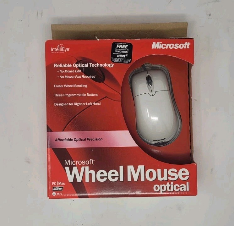 Vintage 2001 Microsoft Wheel Mouse Optical - White - Model X08-40764 Open Box