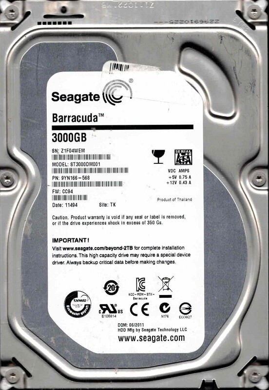 ST3000DM001 P/N: 9YN166-568 F/W: CC94 TK Z1F 06/2011 Seagate 3TB