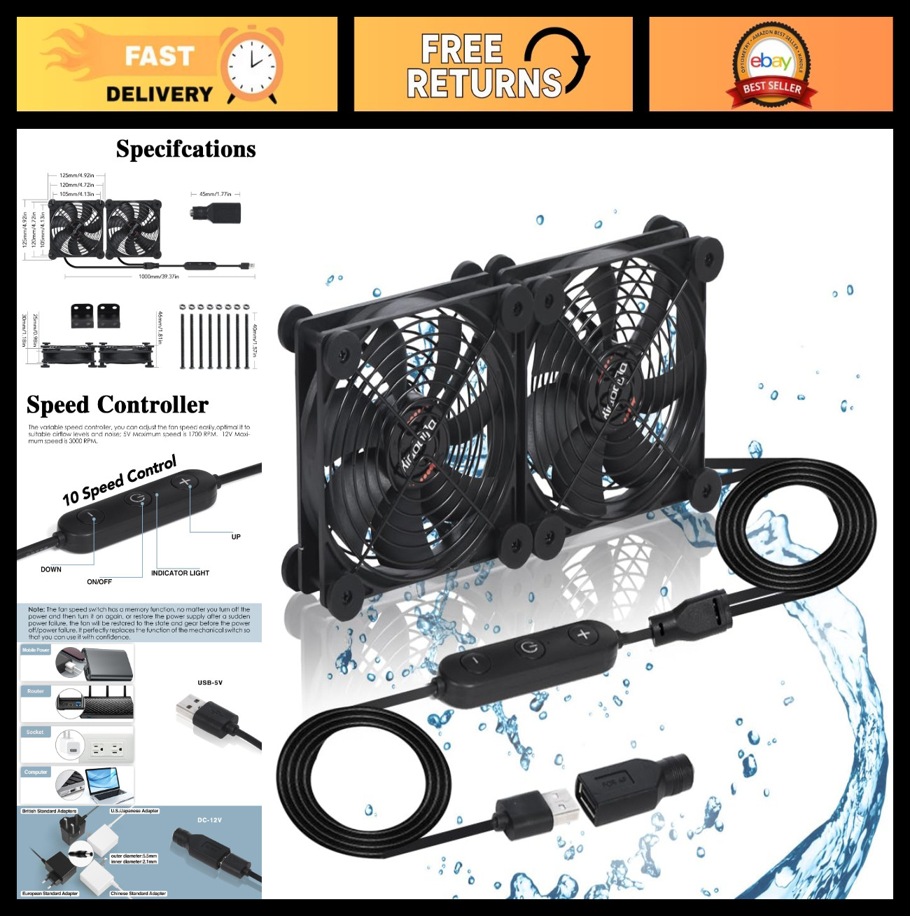Dual 120mm 10-Speed USB Cooling Fan - IPX5 Waterproof for PC, TV, Router, Xbox