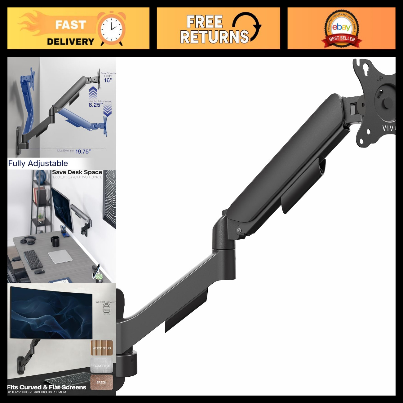 Adjustable Black Single Monitor Wall Mount for 32" Screens - Space-Saving Design