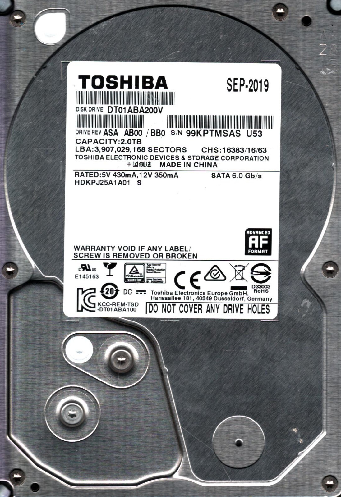 DT01ABA200V HDKPJ25A1A01 REV: ASA AB00/BB0 S/N: 99KP 2TB SEP 2019 CHINA TOSHIBA