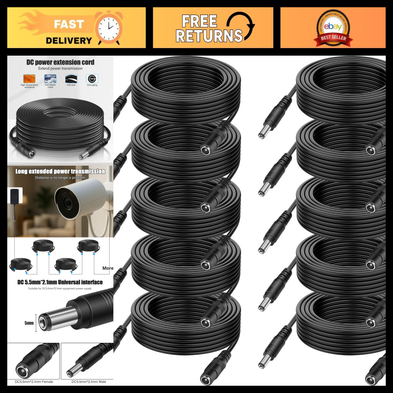 10-Pack 60ft DC Power Extension Cable 5.5mm x 2.1mm for CCTV, LED Strip, Router