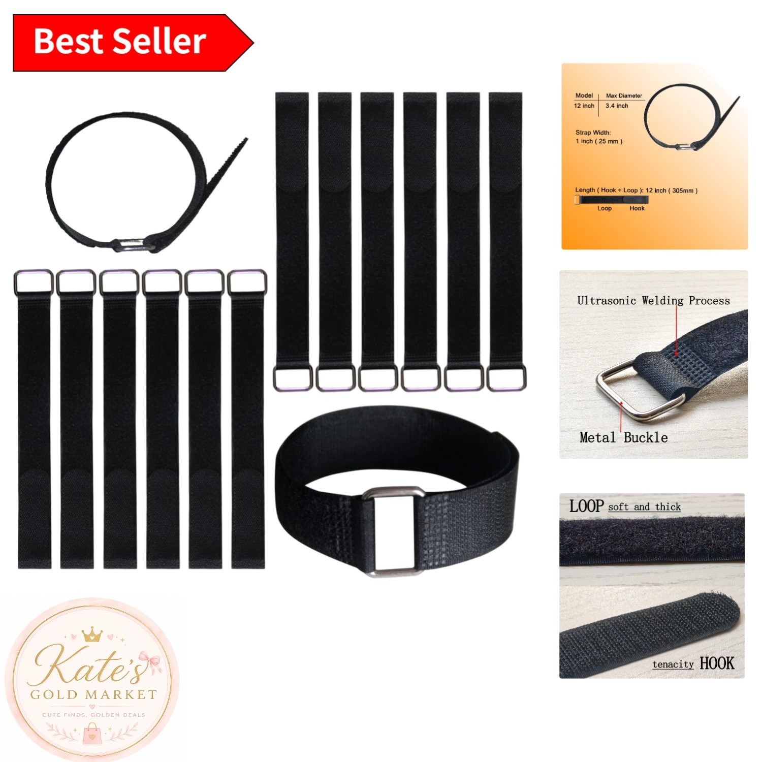 Durable 12-Inch Hook and Loop Straps with Metal Buckles - 12 Pack of Versatility