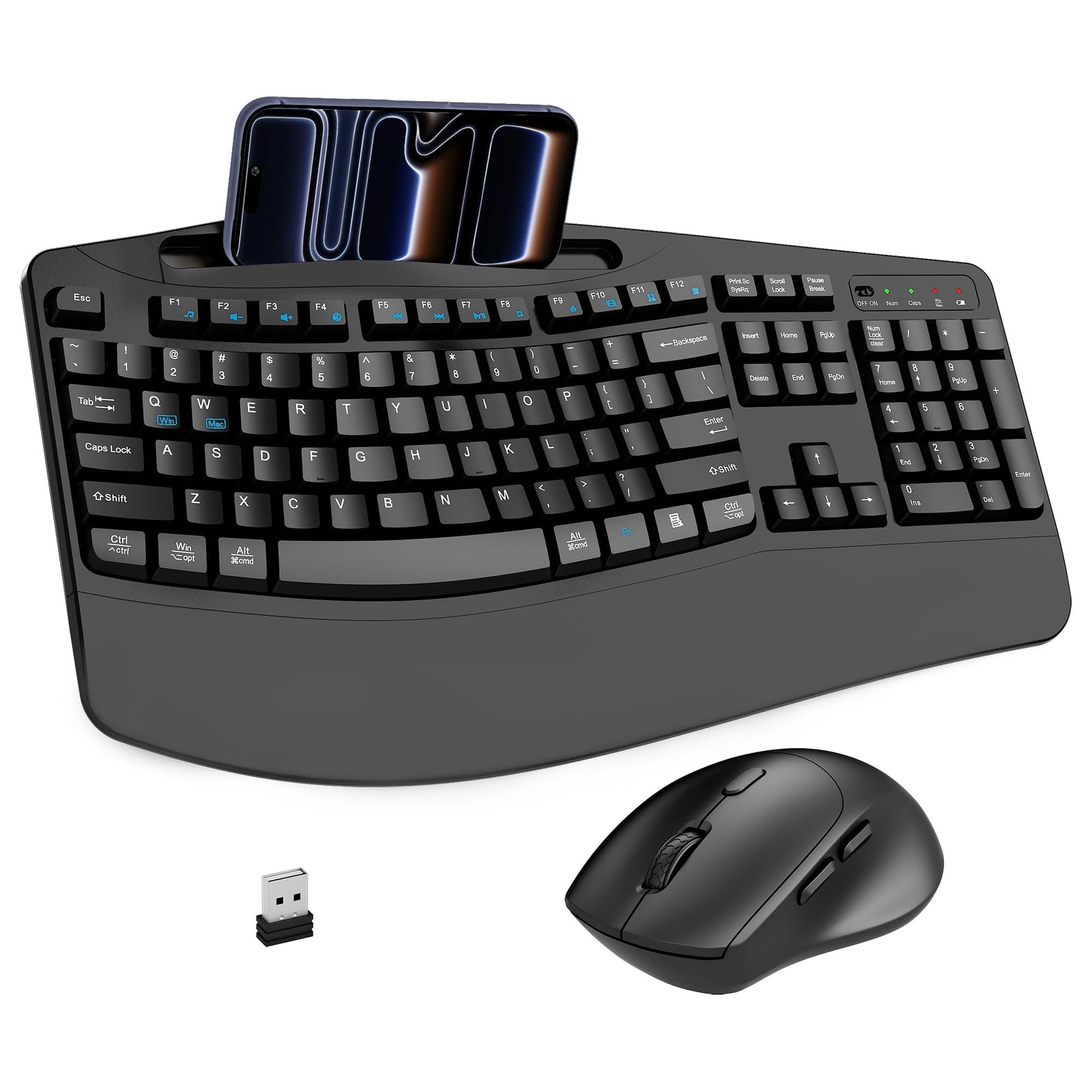 Wireless Keyboard and Mouse Combo, 2.4G Full Size Wave Keys Ergonomic Keyboard w