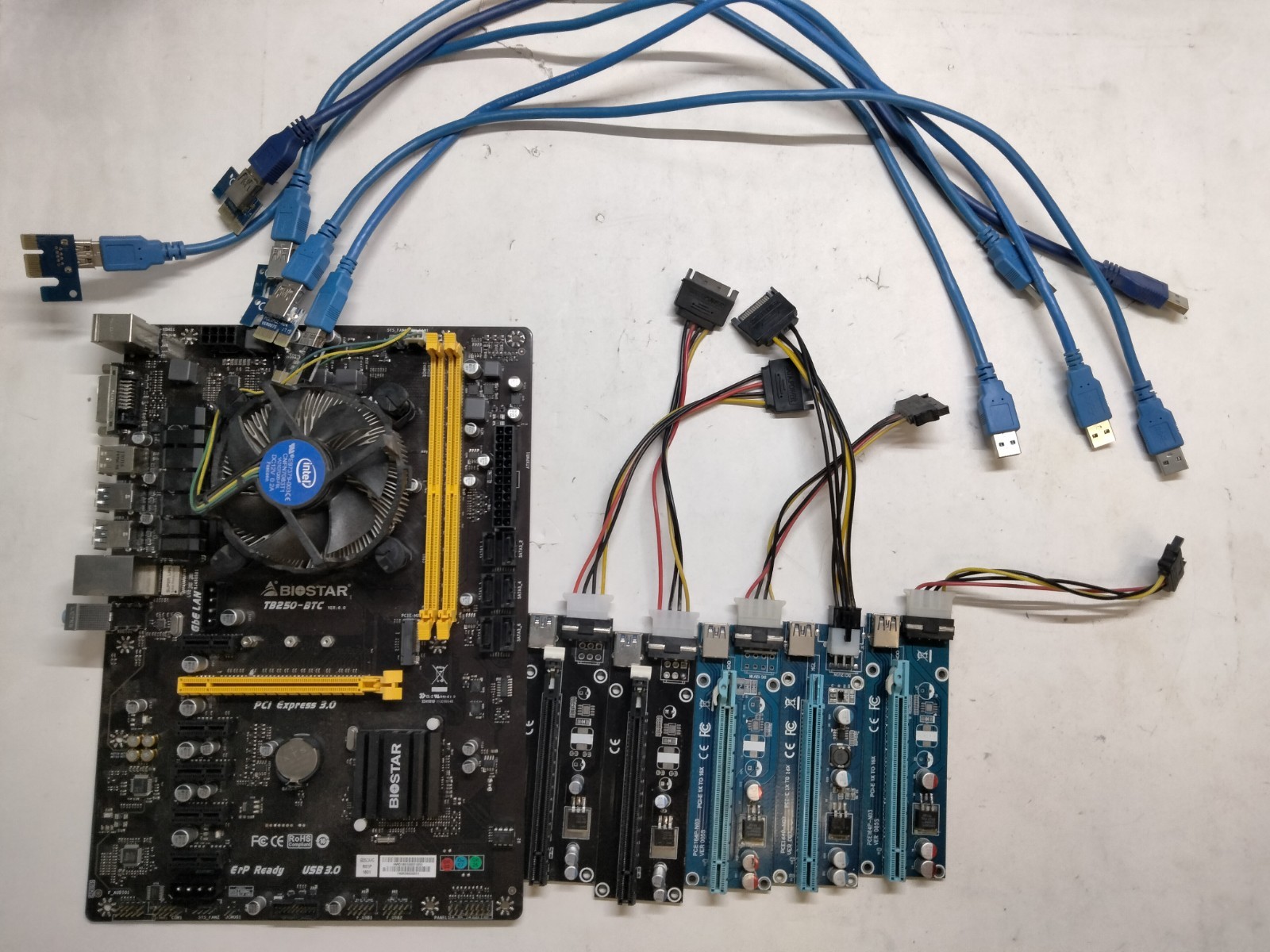 Biostar TB250-BTC Motherboard + Intel Pentium G4400 w/ 5 Riser Cards For Mining