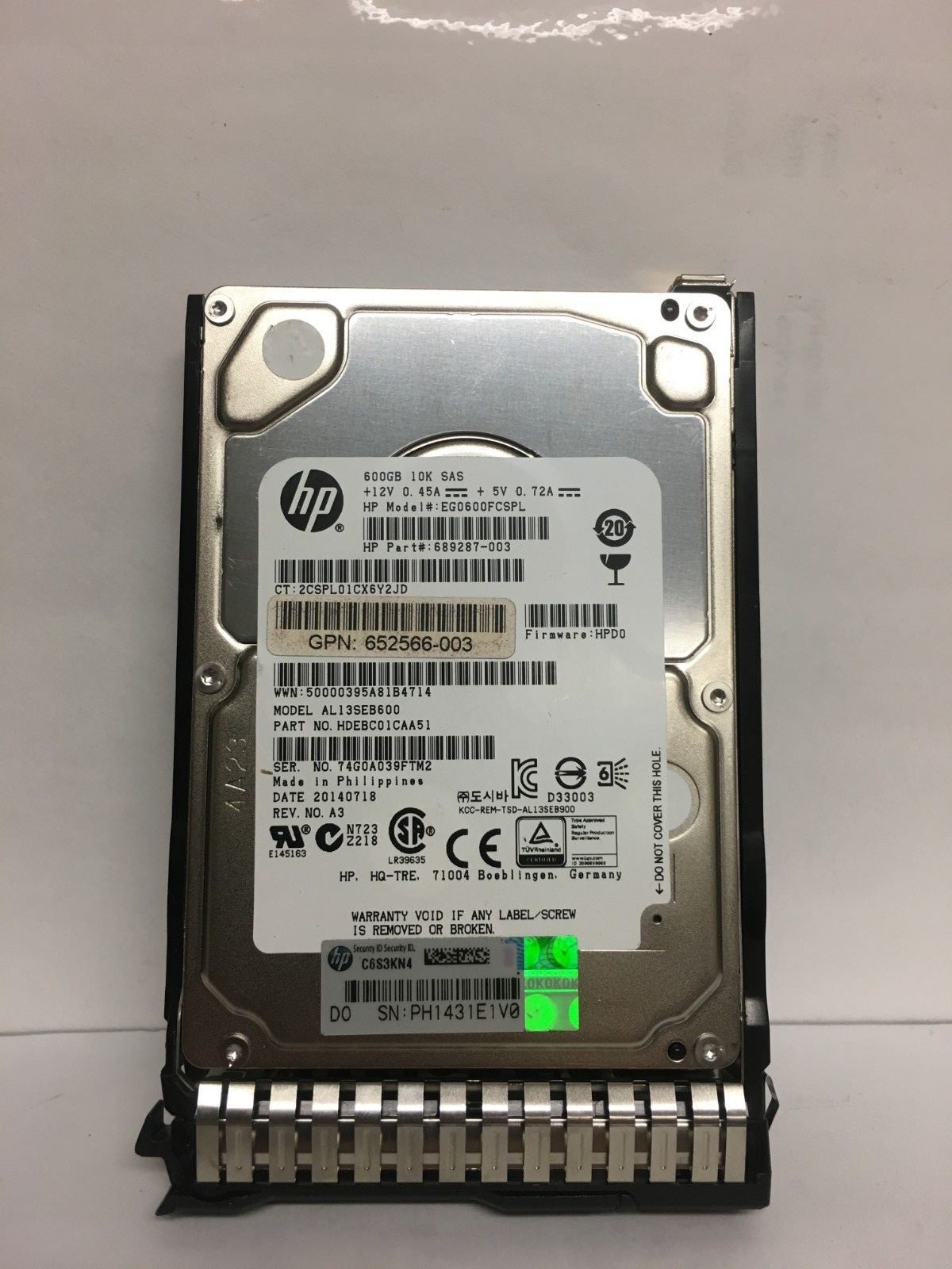 619286-003 652566-003 HP 600GB 6G 10K SFF 2.5" SAS Hard Drive Gen8 Gen9 w Tray